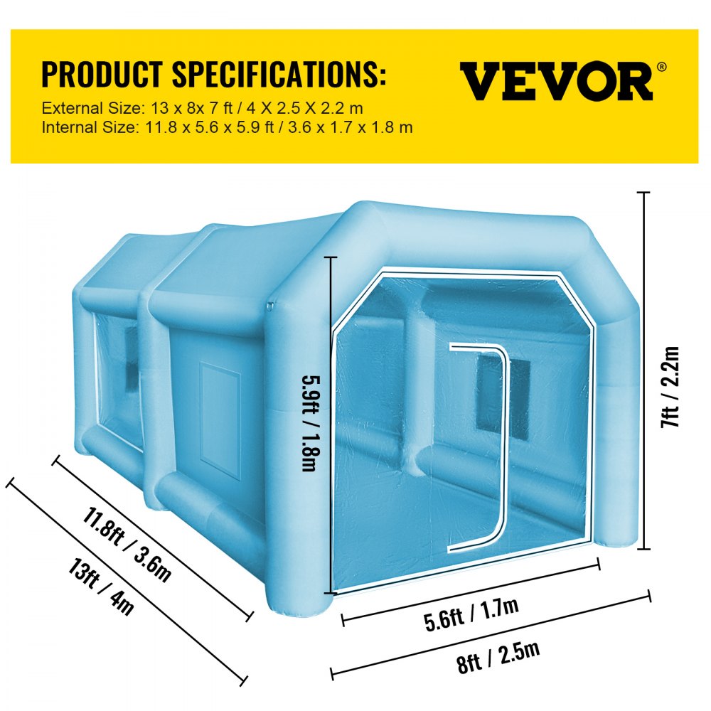 VEVOR Inflatable Tent, 13 x 8 x 7 ft Inflatable Spray Booth Custom Tent, Inflatable Paint Booth Tent Car Paint Booth Workstation 210D Oxford Fabric With 2 Blowers