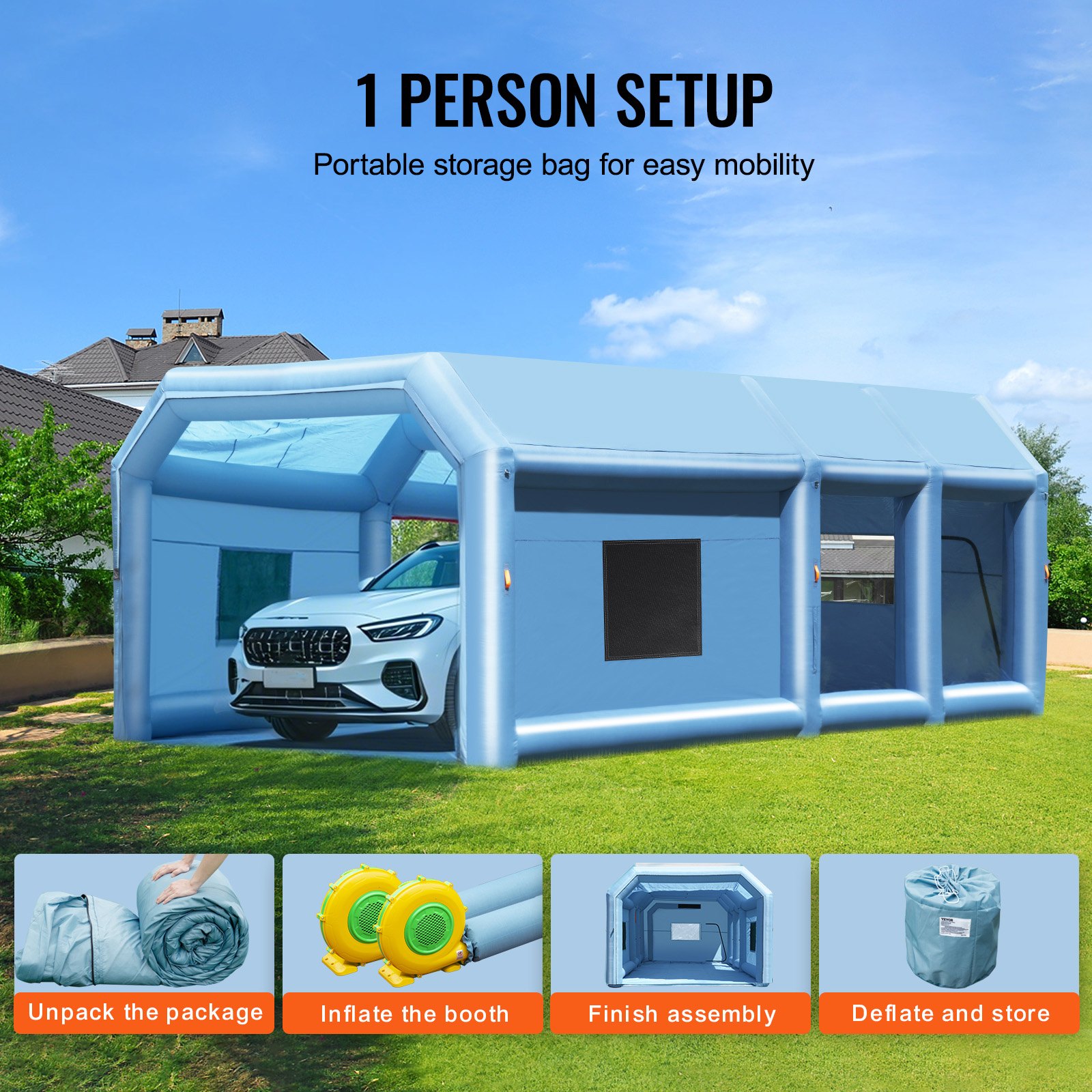 VEVOR Inflatable Paint Booth, 26.2 x 14.8 x 9.8 ft Inflatable Spray Booth, with 950W+750W Powerful Blowers and Air Filter System, Portable Car Paint Booth for Small Truck, Large Motorcycle, Midsize SU