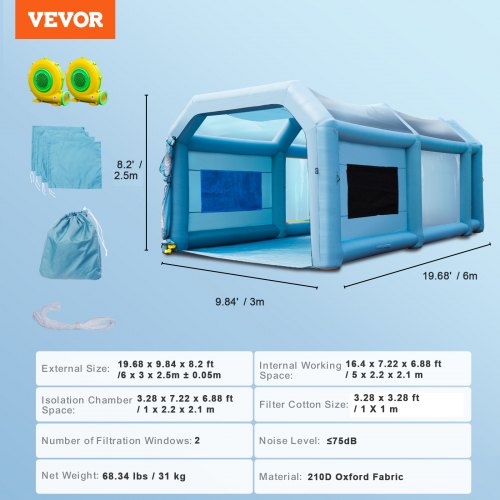 VEVOR Inflatable Paint Booth, 20x10x8ft Inflatable Spray Booth, High Powerful 480W+750W Blowers Spray Booth Tent, Car Paint Tent Air Filter System for Car Parking Tent Workstation Motorcycle Garage