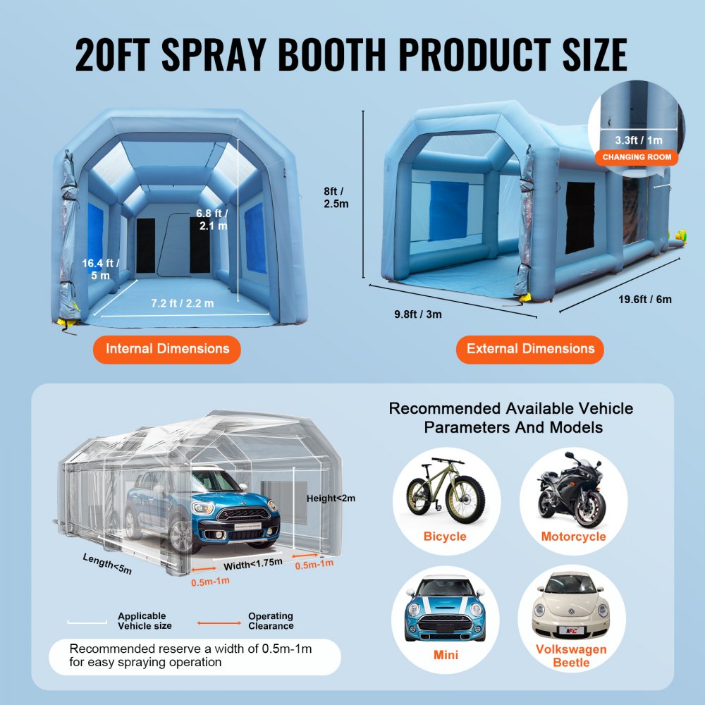 VEVOR Inflatable Paint Booth, 20x10x8ft Inflatable Spray Booth, High Powerful 480W+750W Blowers Spray Booth Tent, Car Paint Tent Air Filter System for Car Parking Tent Workstation Motorcycle Garage
