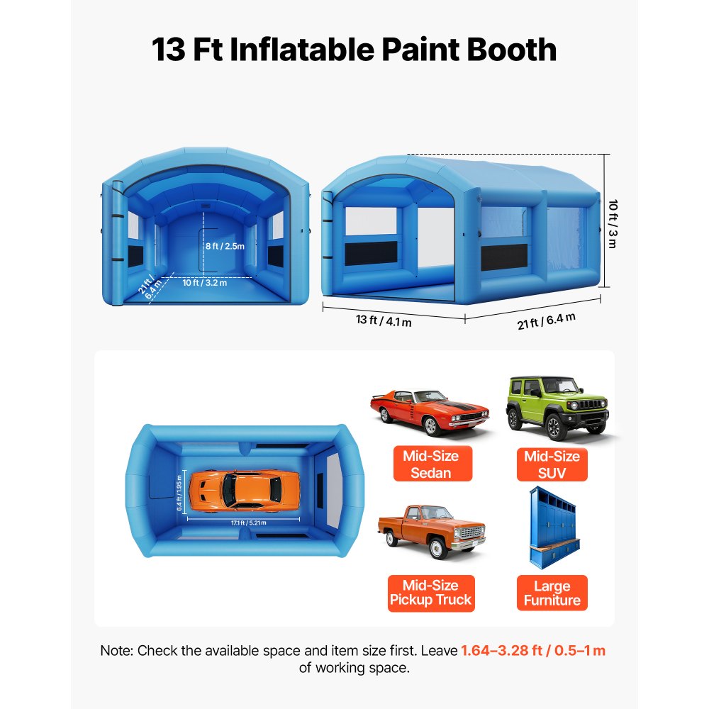 VEVOR Inflatable Paint Booth, 21 x 13 x 10 ft, Portable Spray Booth with 1100W Powerful Blower and Large Filter Cotton, Arched Roof Blow Up Painting Tent for Mid-Size Pickup Truck, Large Furniture