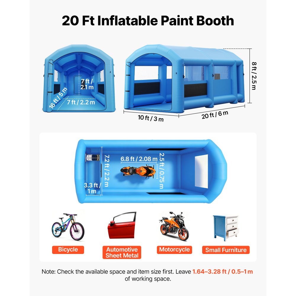 VEVOR Inflatable Paint Booth, 20 x 10 x 8 ft, Portable Spray Booth with 480W+750W Blowers, Large Filter Cotton, Changing Area, Arched Roof Painting Tent for Bike, Motorcycle, and Furniture, Blue