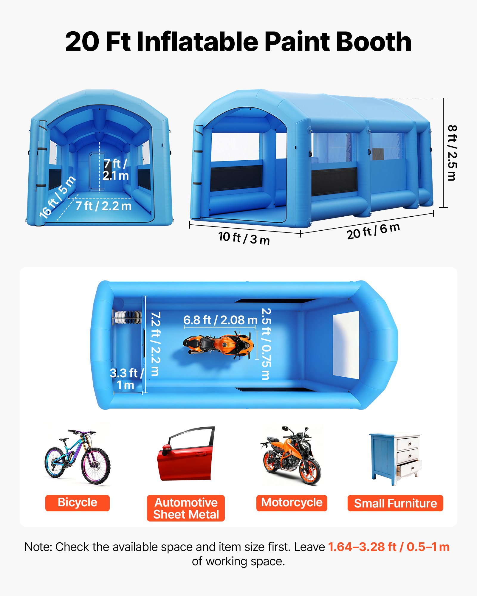 VEVOR Inflatable Paint Booth, 20 x 10 x 8 ft, Portable Spray Booth with 480W+750W Blowers, Large Filter Cotton, Changing Area, Arched Roof Painting Tent for Bike, Motorcycle, and Furniture, Blue