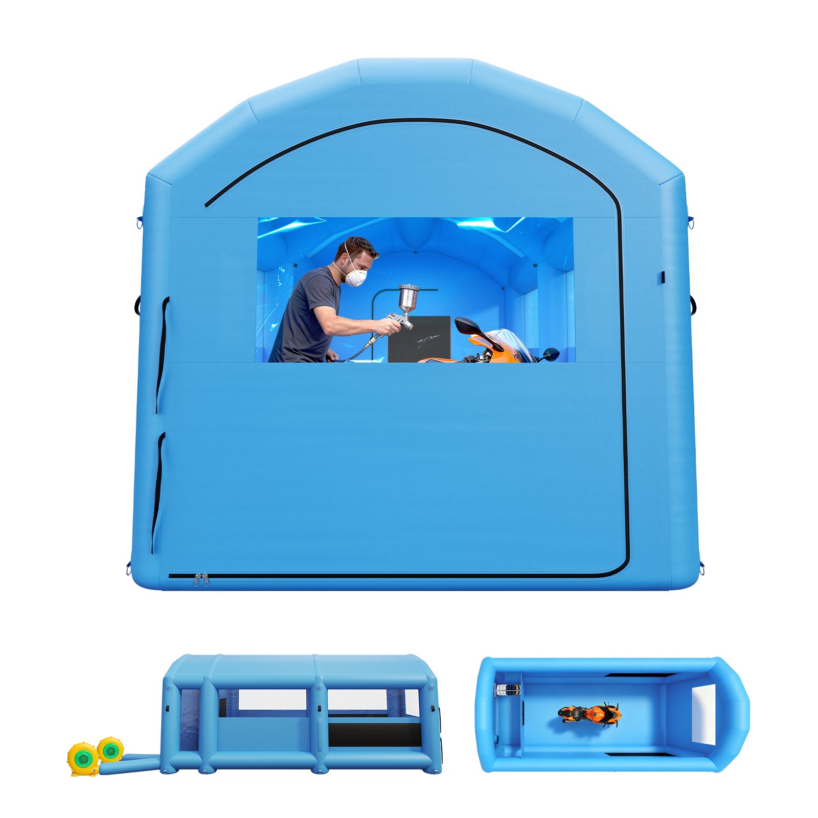 VEVOR Inflatable Paint Booth, 20 x 10 x 8 ft, Portable Spray Booth with 480W+750W Blowers, Large Filter Cotton, Changing Area, Arched Roof Painting Tent for Bike, Motorcycle, and Furniture, Blue