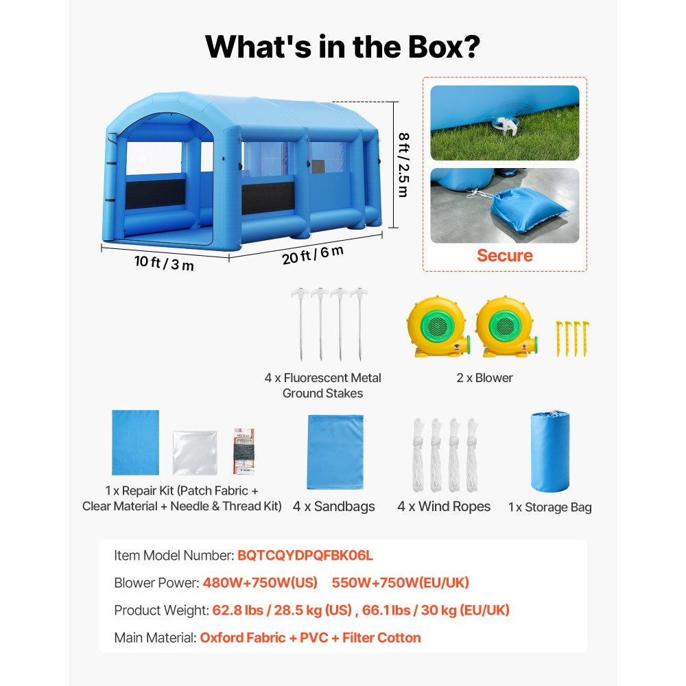 VEVOR Inflatable Paint Booth, 20 x 10 x 8 ft, Portable Spray Booth with 550W+750W Blowers, Large Filter Cotton, Changing Area, Arched Roof Painting Tent for Bike, Motorcycle, and Furniture, Blue