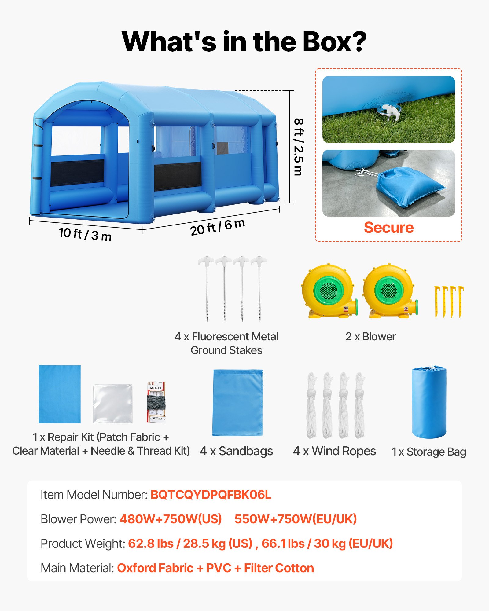 VEVOR Inflatable Paint Booth, 20 x 10 x 8 ft, Portable Spray Booth with 550W+750W Blowers, Large Filter Cotton, Changing Area, Arched Roof Painting Tent for Bike, Motorcycle, and Furniture, Blue