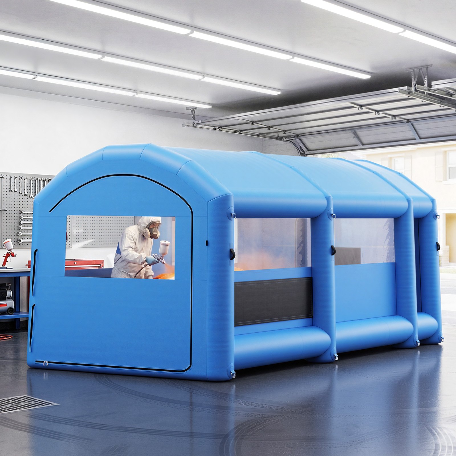 VEVOR Inflatable Paint Booth, 20 x 10 x 8 ft, Portable Spray Booth with 550W+750W Blowers, Large Filter Cotton, Changing Area, Arched Roof Painting Tent for Bike, Motorcycle, and Furniture, Blue