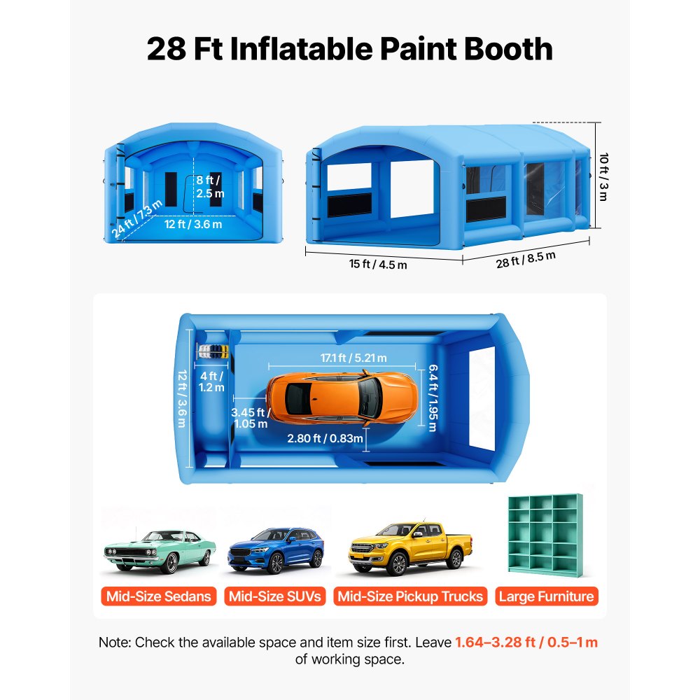 VEVOR Inflatable Paint Booth, 8.5 x 4.5 x 3 m, Portable Spray Booth with 750W+950W Blowers, Large Filter Cotton, Changing Area, Arched Roof Painting Tent for Mid-Size Pickup, Large Furniture, Blue