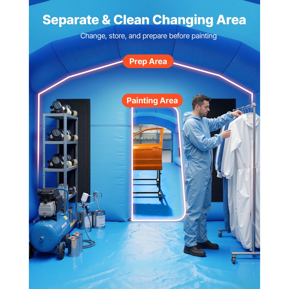 VEVOR Inflatable Paint Booth, 8.5 x 4.5 x 3 m, Portable Spray Booth with 750W+950W Blowers, Large Filter Cotton, Changing Area, Arched Roof Painting Tent for Mid-Size Pickup, Large Furniture, Blue