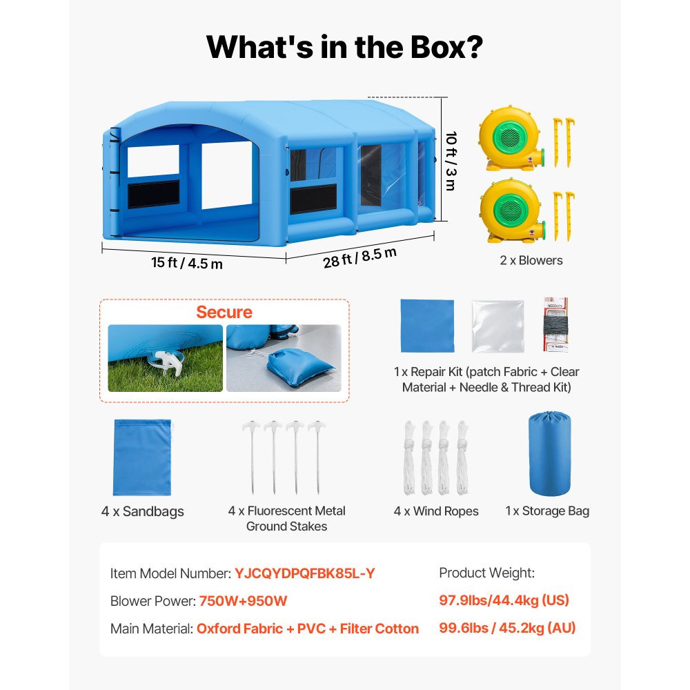 VEVOR Inflatable Paint Booth, 8.5 x 4.5 x 3 m, Portable Spray Booth with 750W+950W Blowers, Large Filter Cotton, Changing Area, Arched Roof Painting Tent for Mid-Size Pickup, Large Furniture, Blue
