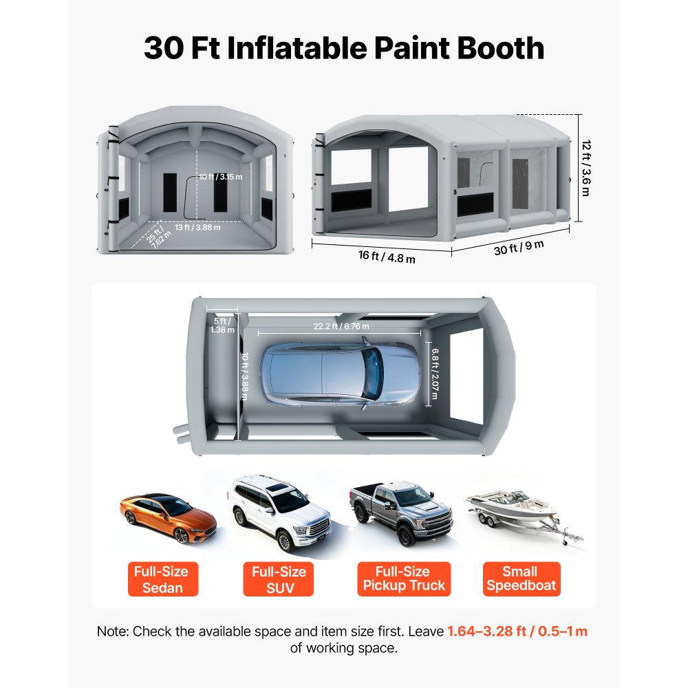 VEVOR Inflatable Paint Booth, 30 x 16 x 12 ft, Portable Spray Booth with 750W+950W Blowers, Large Filter Cotton, Changing Area, Arched Roof Painting Tent for Full-Size Pickup, Small Speedboat, Gray
