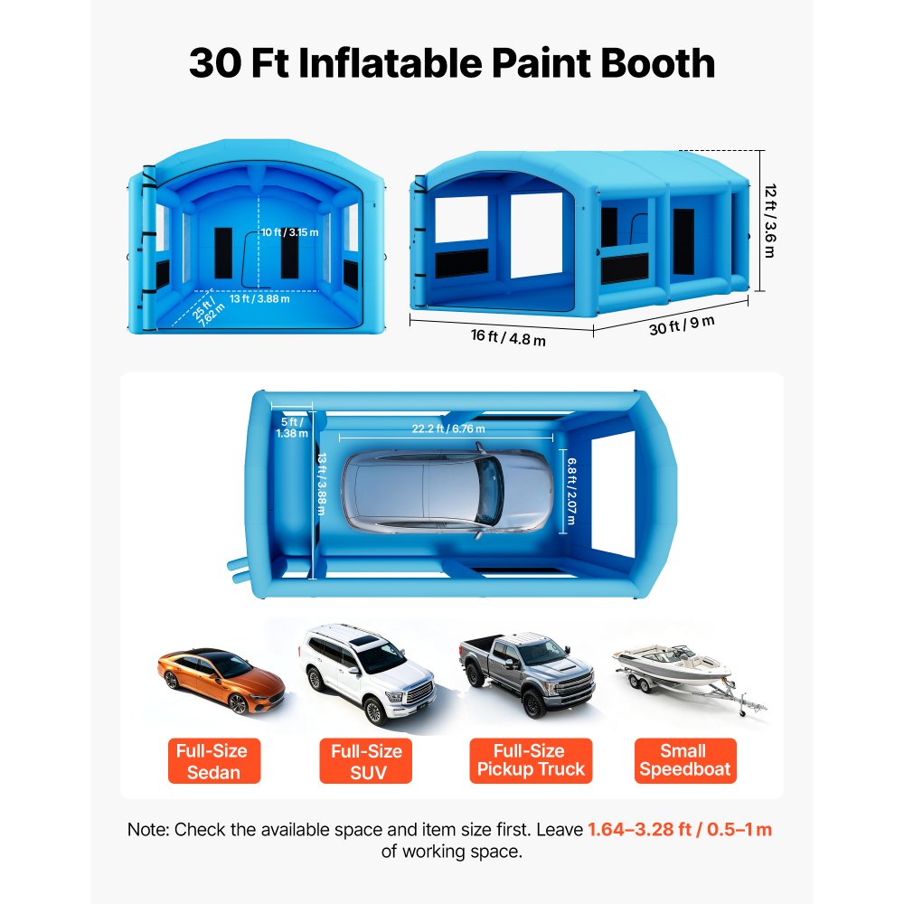 VEVOR Inflatable Paint Booth, 30 x 16 x 12 ft, Portable Spray Booth with 750W+950W Blowers, Large Filter Cotton, Changing Area, Arched Roof Painting Tent for Full-Size Pickup, Small Speedboat, Blue