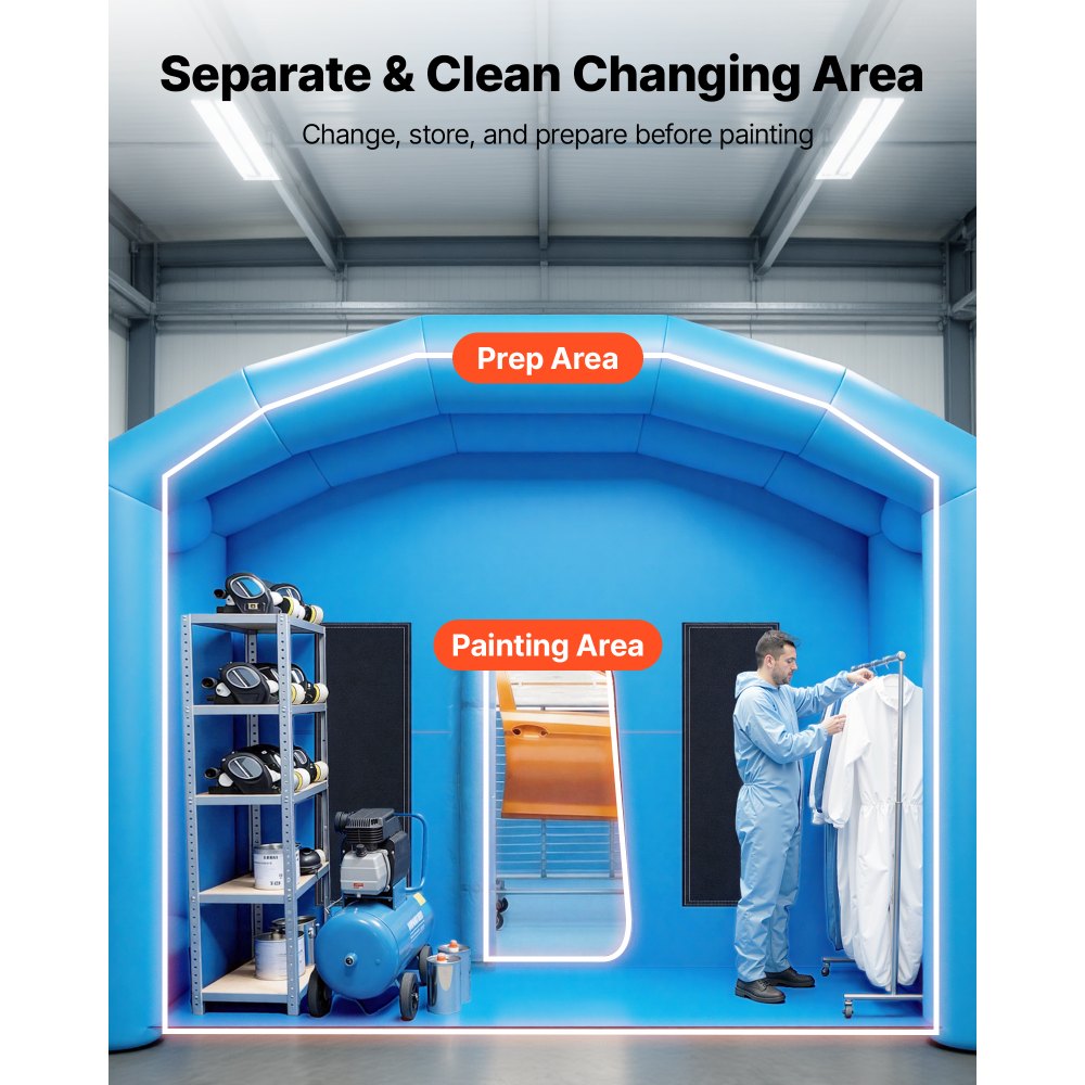 VEVOR Inflatable Paint Booth, 30 x 16 x 12 ft, Portable Spray Booth with 750W+950W Blowers, Large Filter Cotton, Changing Area, Arched Roof Painting Tent for Full-Size Pickup, Small Speedboat, Blue