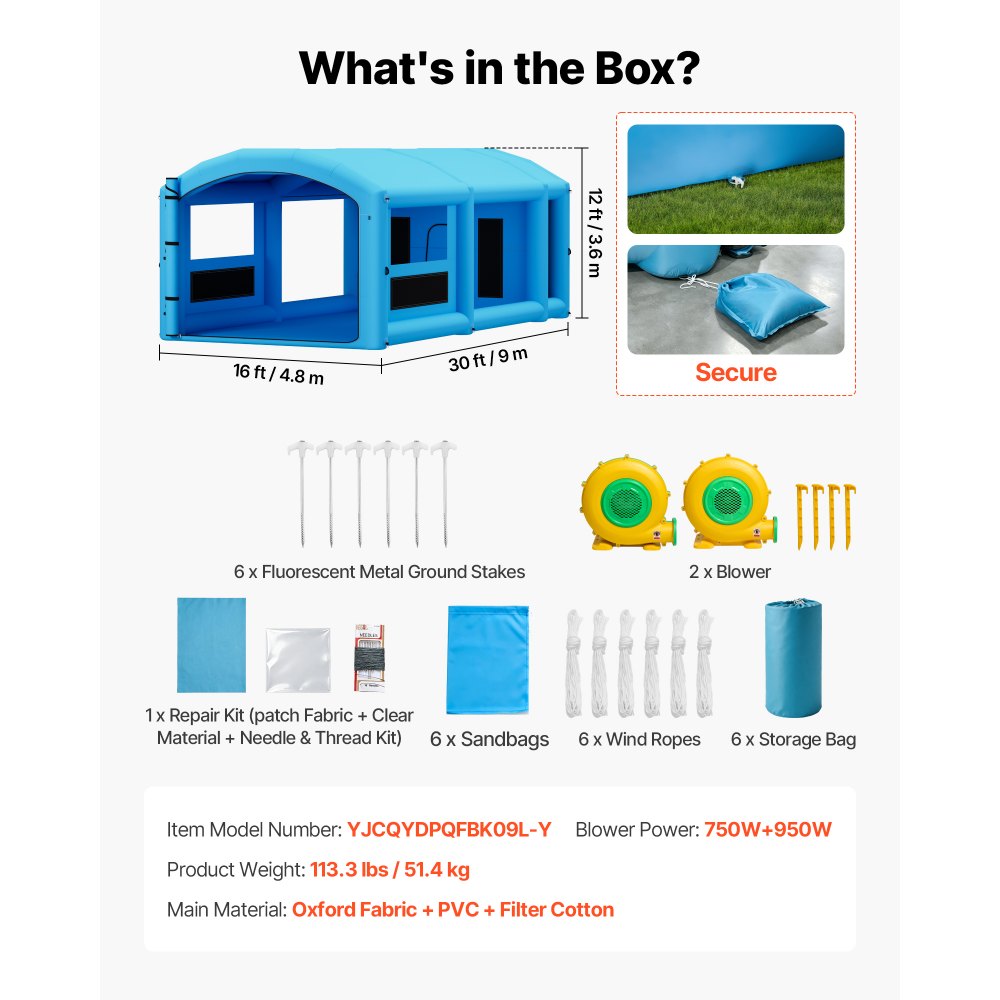 VEVOR Inflatable Paint Booth, 30 x 16 x 12 ft, Portable Spray Booth with 750W+950W Blowers, Large Filter Cotton, Changing Area, Arched Roof Painting Tent for Full-Size Pickup, Small Speedboat, Blue