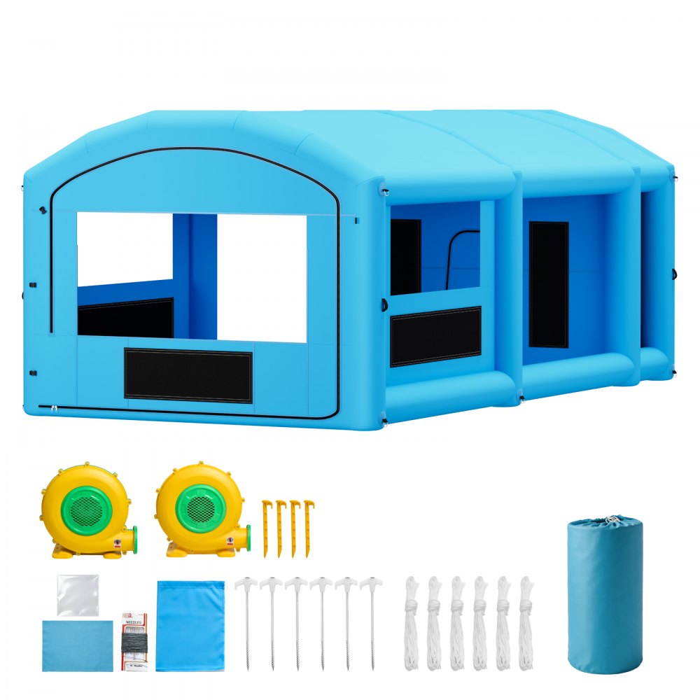 VEVOR Inflatable Paint Booth, 30 x 16 x 12 ft, Portable Spray Booth with 750W+950W Blowers, Large Filter Cotton, Changing Area, Arched Roof Painting Tent for Full-Size Pickup, Small Speedboat, Blue