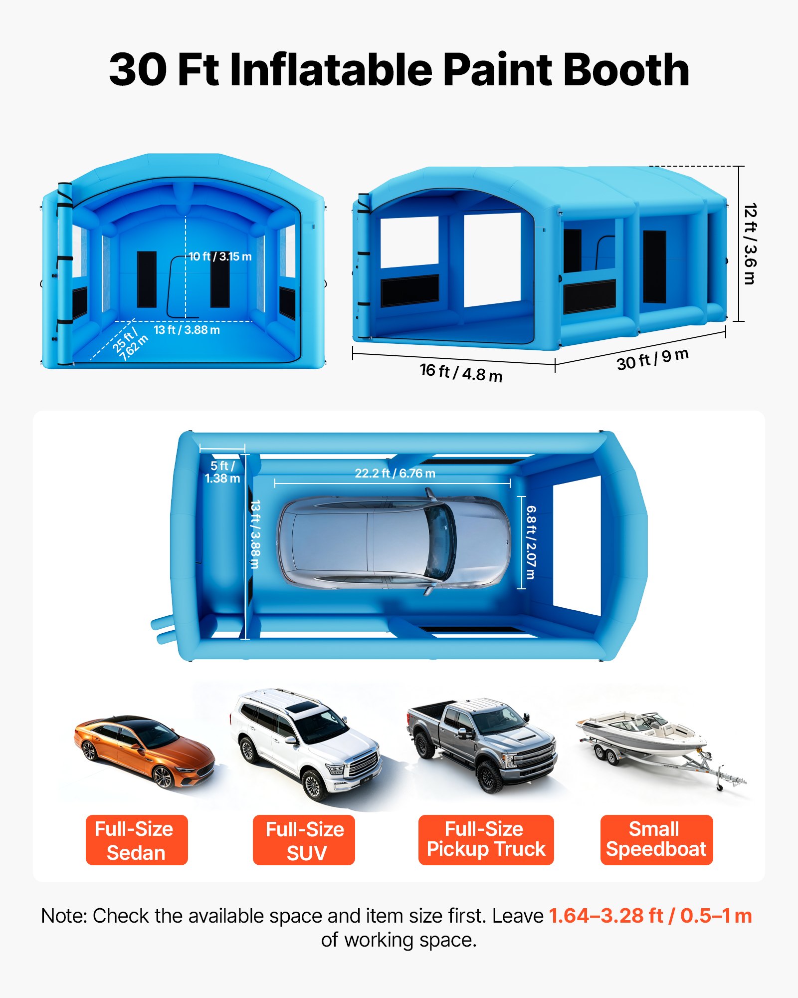 VEVOR Inflatable Paint Booth, 30 x 16 x 12 ft, Portable Spray Booth with 750W+950W Blowers, Large Filter Cotton, Changing Area, Arched Roof Painting Tent for Full-Size Pickup, Small Speedboat, Blue