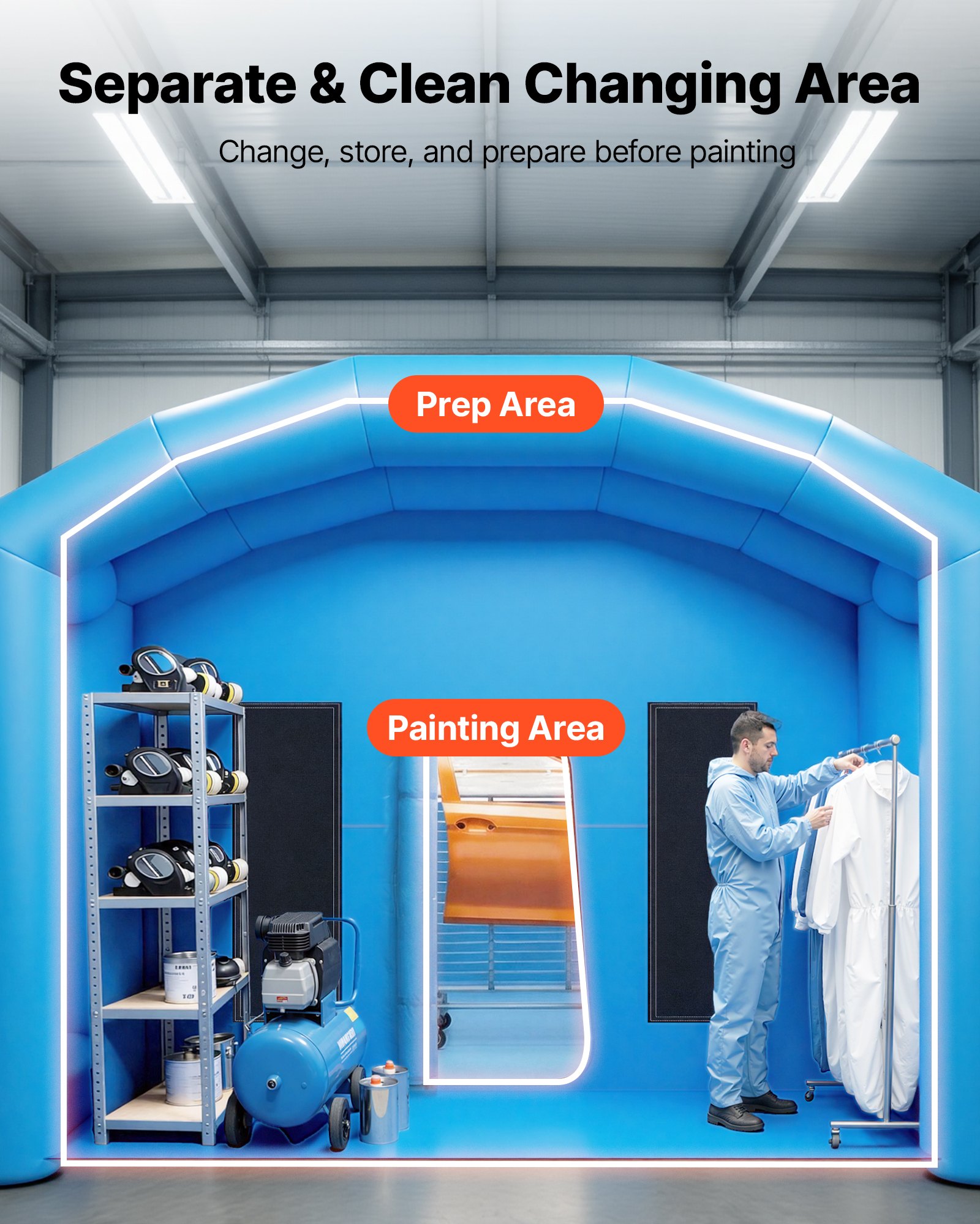 VEVOR Inflatable Paint Booth, 30 x 16 x 12 ft, Portable Spray Booth with 750W+950W Blowers, Large Filter Cotton, Changing Area, Arched Roof Painting Tent for Full-Size Pickup, Small Speedboat, Blue