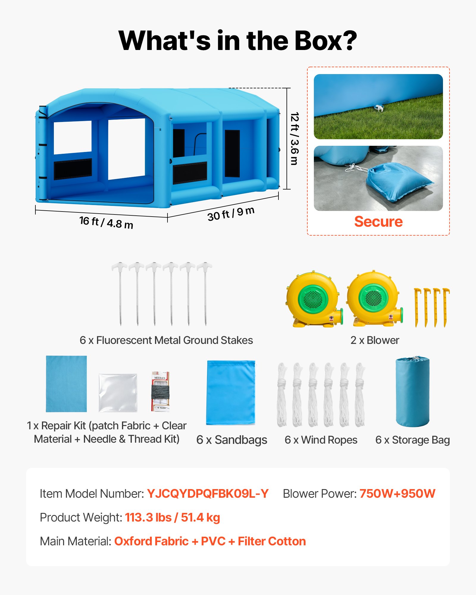 VEVOR Inflatable Paint Booth, 30 x 16 x 12 ft, Portable Spray Booth with 750W+950W Blowers, Large Filter Cotton, Changing Area, Arched Roof Painting Tent for Full-Size Pickup, Small Speedboat, Blue