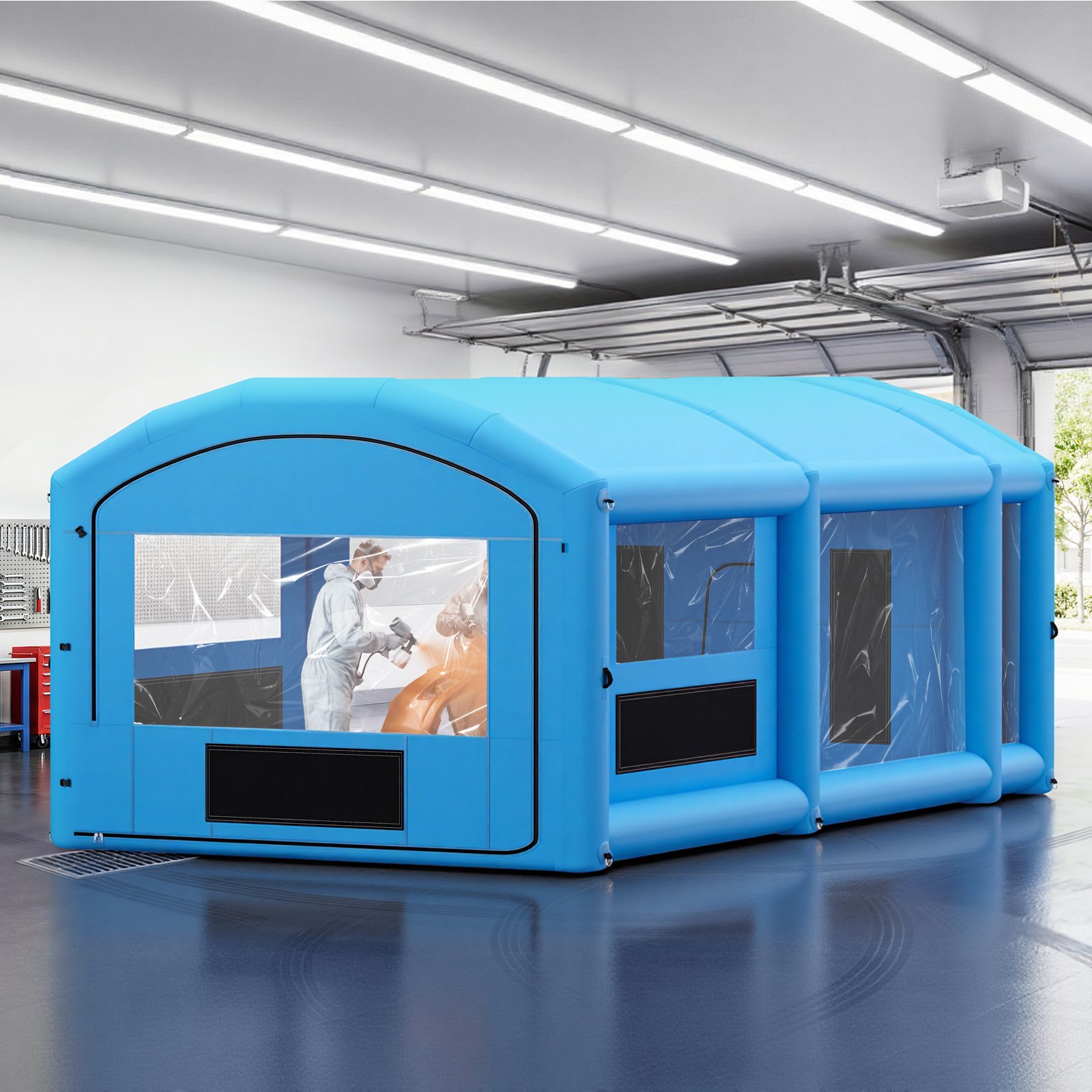 VEVOR Inflatable Paint Booth, 30 x 16 x 12 ft, Portable Spray Booth with 750W+950W Blowers, Large Filter Cotton, Changing Area, Arched Roof Painting Tent for Full-Size Pickup, Small Speedboat, Blue