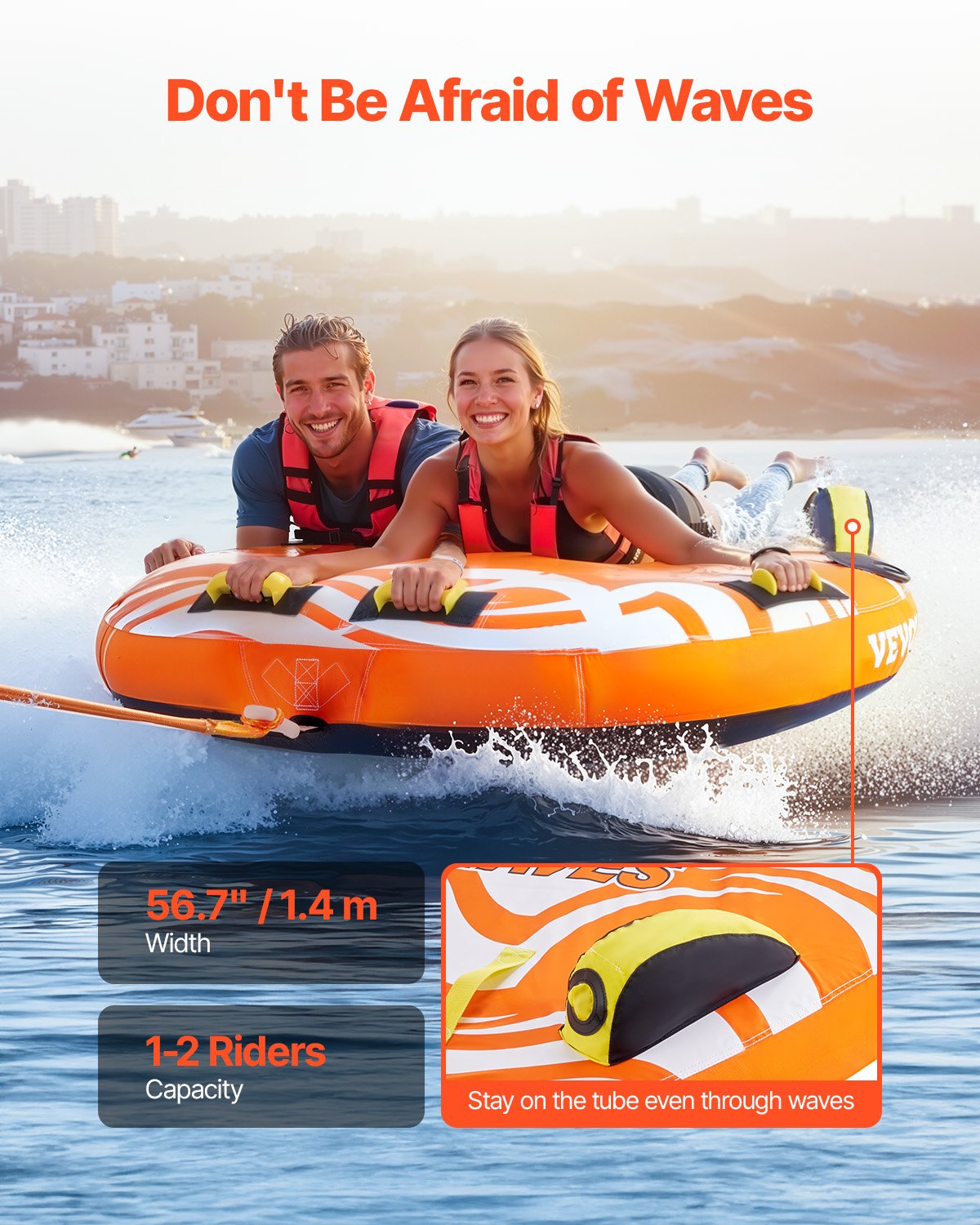 VEVOR Towable Tubes for Boating, 1-2 Riders Inflatable Towable Tube for Boat to Pull, 340lbs Capacity Boat Tubes and Towables for Water Sports - with Fins, Double-Stitched Nylon Cover & Padded Handles