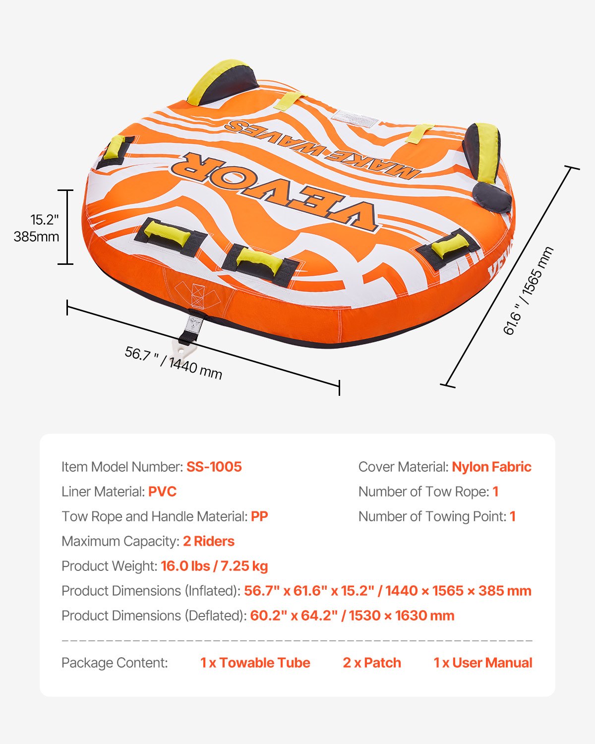 VEVOR Towable Tubes for Boating, 1-2 Riders Inflatable Towable Tube for Boat to Pull, 340lbs Capacity Boat Tubes and Towables for Water Sports - with Fins, Double-Stitched Nylon Cover & Padded Handles