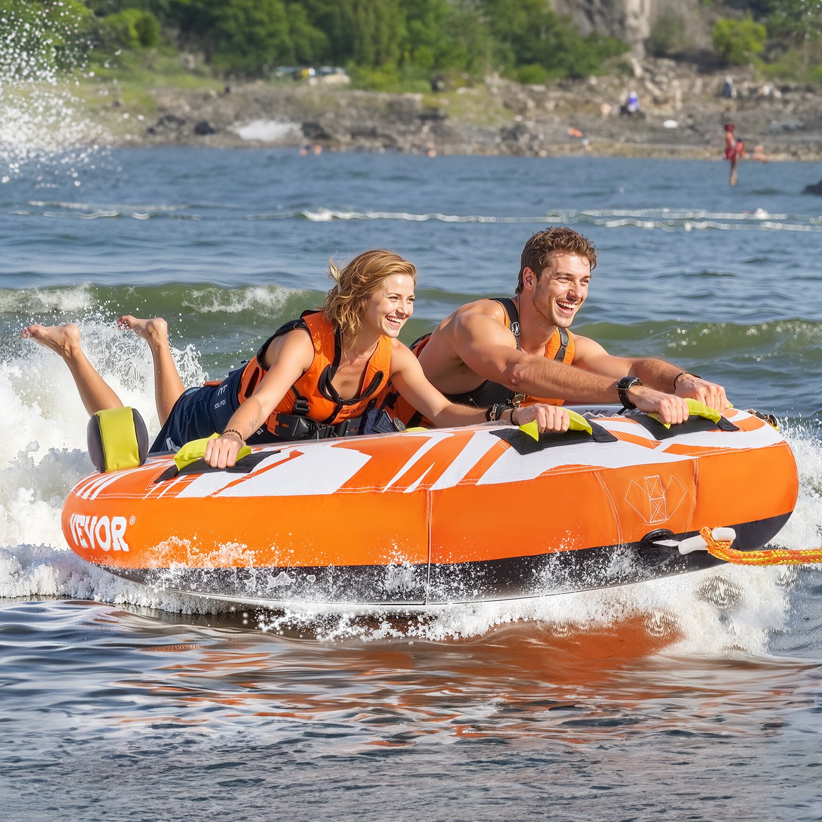 VEVOR Towable Tubes for Boating, 1-2 Riders Inflatable Towable Tube for Boat to Pull, 340lbs Capacity Boat Tubes and Towables for Water Sports - with Fins, Double-Stitched Nylon Cover & Padded Handles