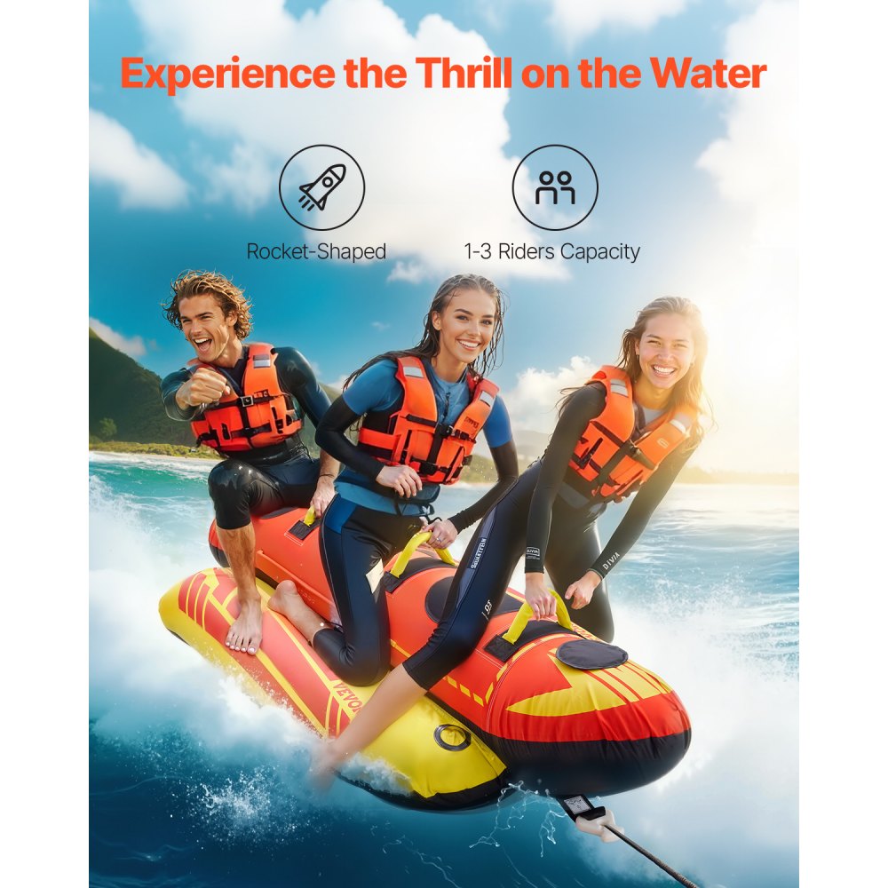 VEVOR Towable Tubes for Boating, 1-3 Riders Inflatable Boat Tubes and Towables, 510lbs Capacity Hot Dog Water Sport Tube for Boat to Pull - with Full Nylon Cover, Padded Handles & Speed Safety Valve