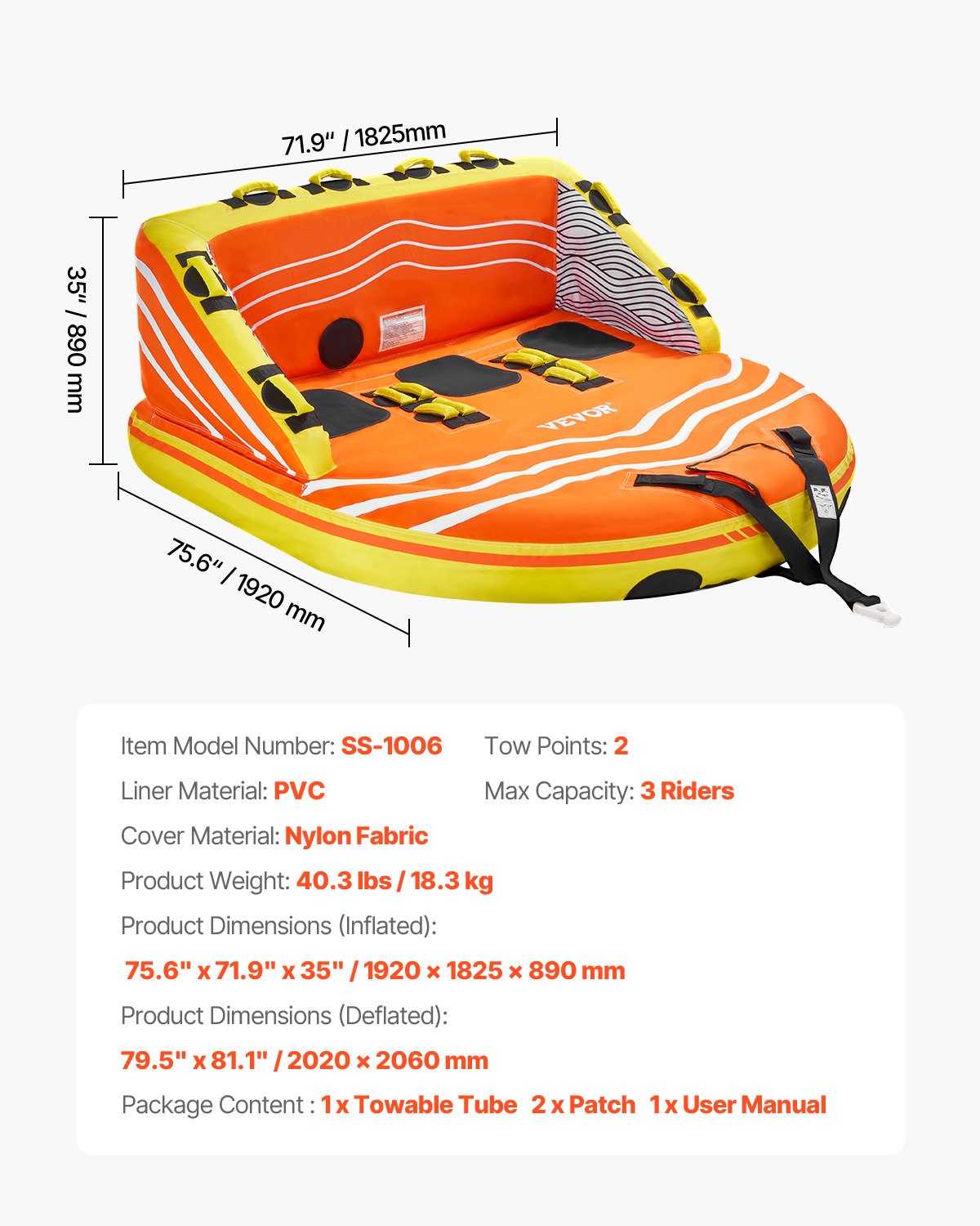 VEVOR Towable Tube for Boating, 1-3 Riders Inflatable Boat Tubes and Towables, 510lbs Water Sport Towable Tube for Boat to Pull - with Full Nylon Cover, 16 Grab Handles, Dual Tow Points & Safety Valve