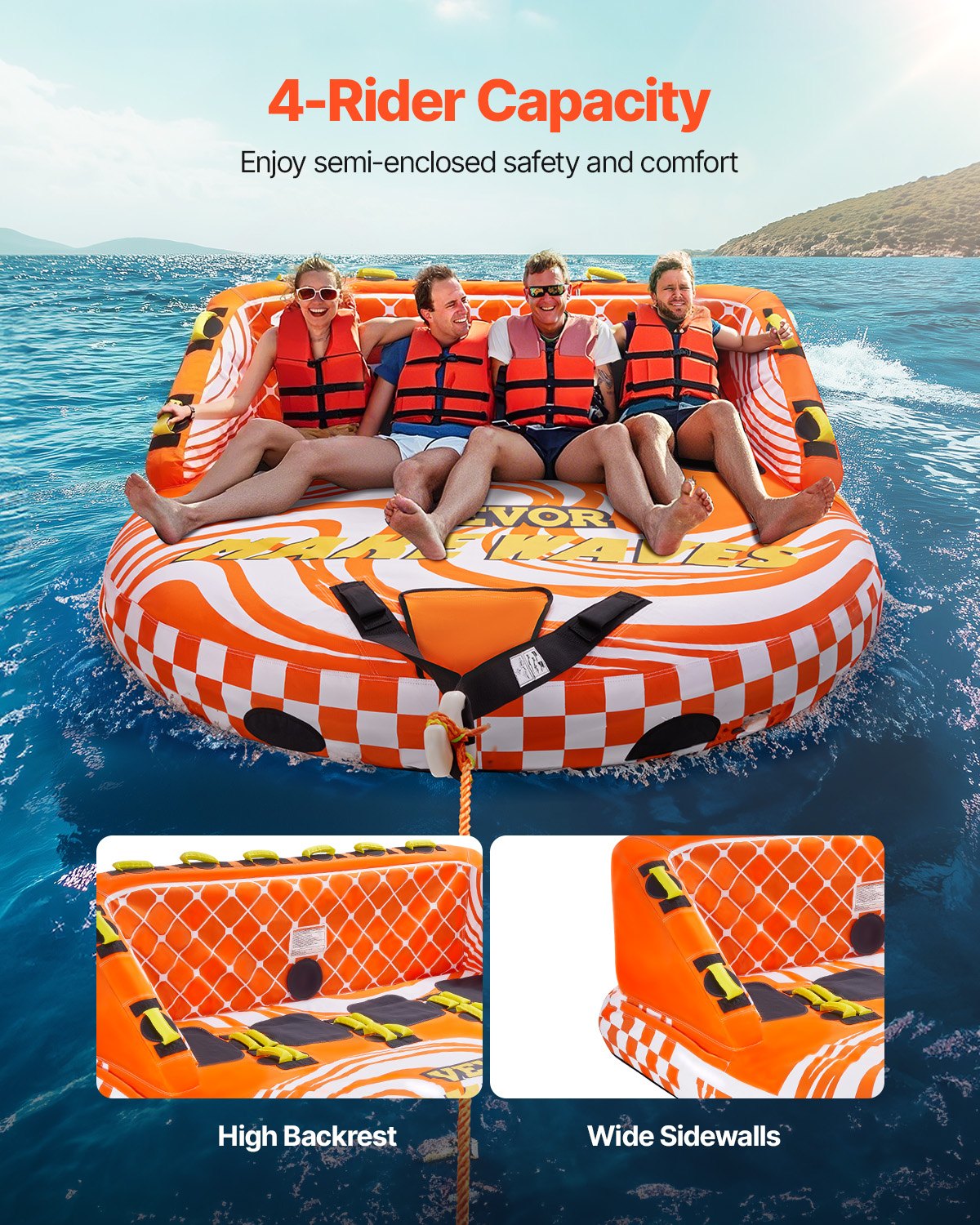 VEVOR Towable Tube for Boating, 1-4 Riders Inflatable Boat Tubes and Towables, 680lbs Water Sport Towable Tube for Boat to Pull - with Full Nylon Cover, 22 Grab Handles, Dual Tow Points & Safety Valve