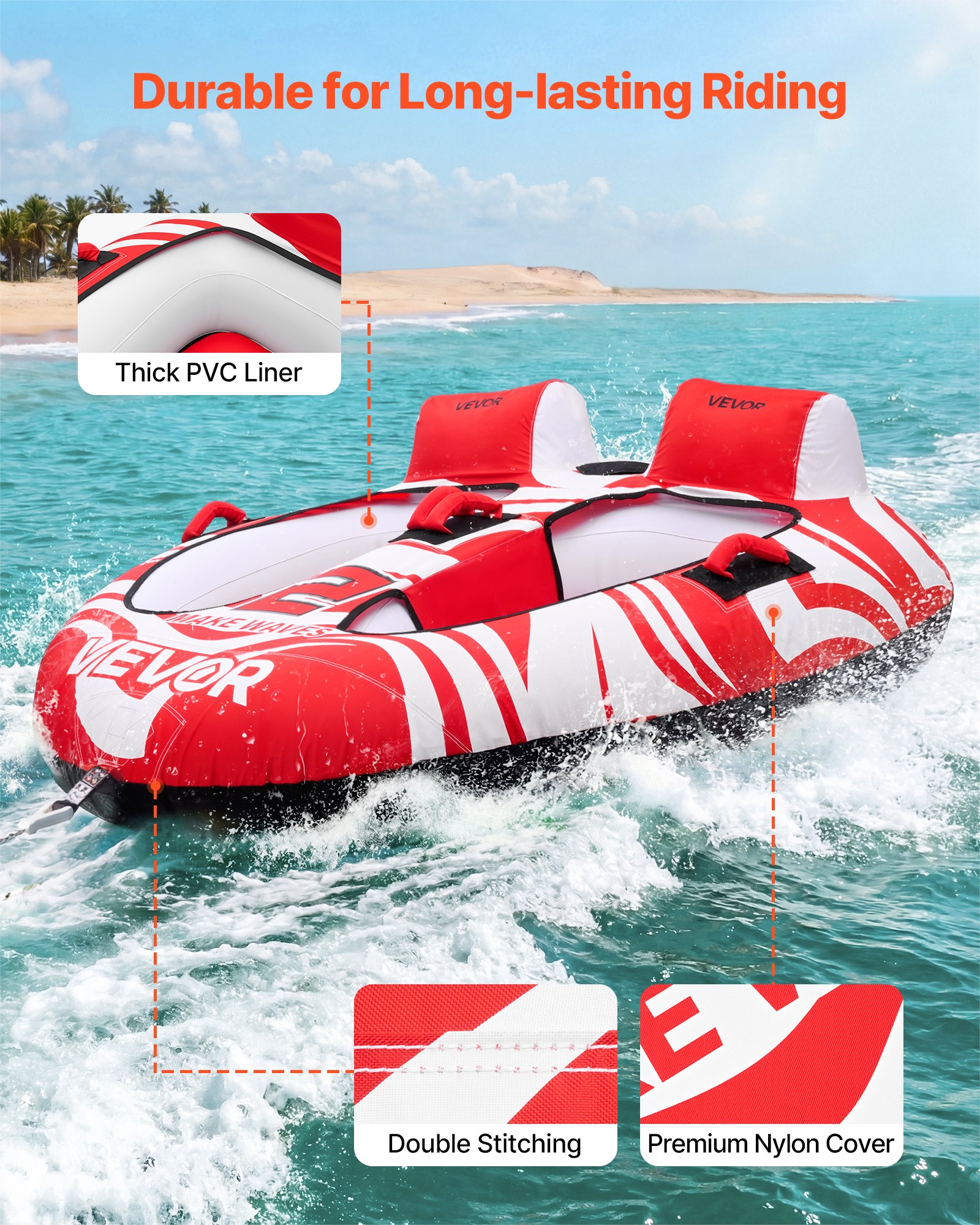 VEVOR Towable Tubes for Boating, 2-Rider Inflatable Boat Tubes and Towables, 154 kg Capacity Water Sport Tubes for Boat to Pull - with 2 Cockpits, Full Nylon Cover, Padded Grab Handles & Safety Valve