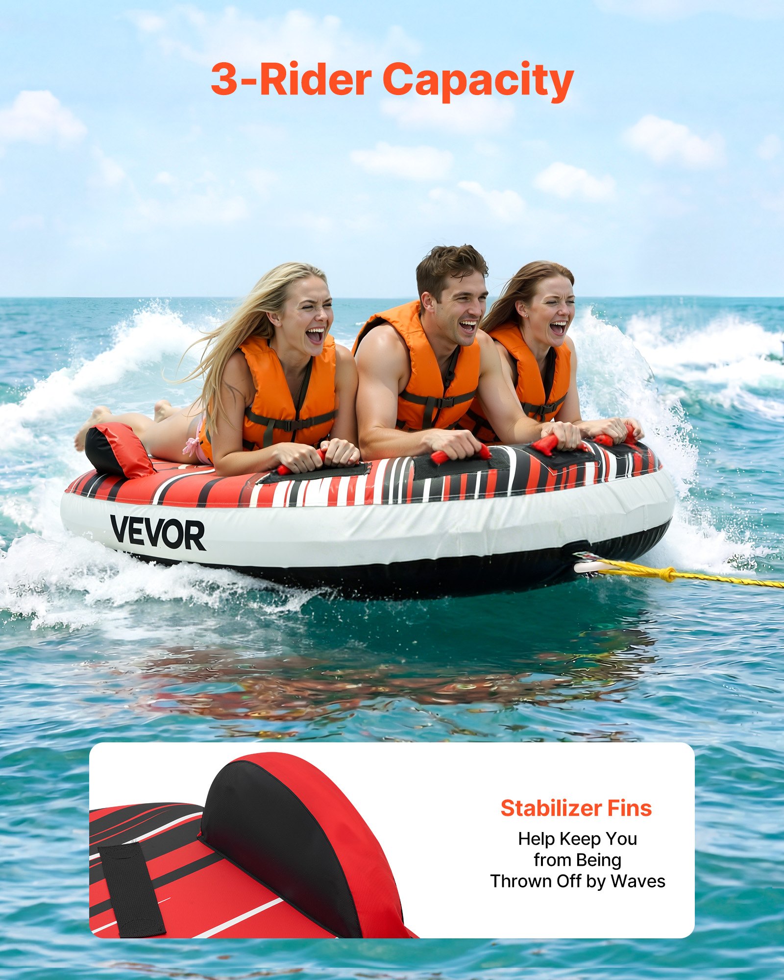 VEVOR Towable Tube for Boating, 3 Riders Inflatable Boat Tubes and Towables, 231 kg Capacity Water Sport Towable Tube for Boat to Pull - with Fins, Full Nylon Cover, Padded Handles & Safety Valve