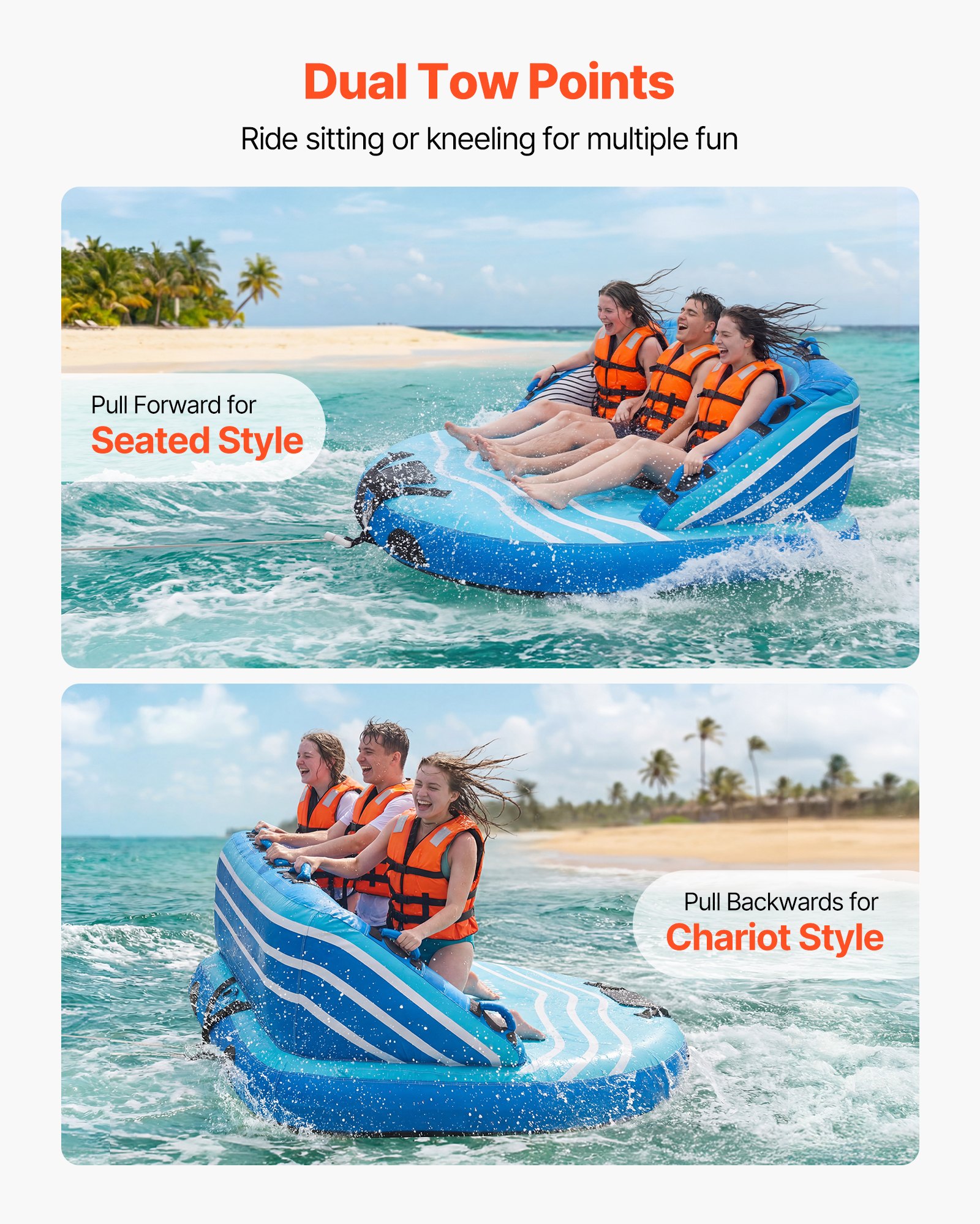 VEVOR Towable Tubes for Boating, 3-Rider Inflatable Towable Tube for Boat to Pull, 231 kg Capacity Water Sports Boating Tubes - with Full Nylon Cover, Dual Tow Points, Safety Valve & Padded Handles