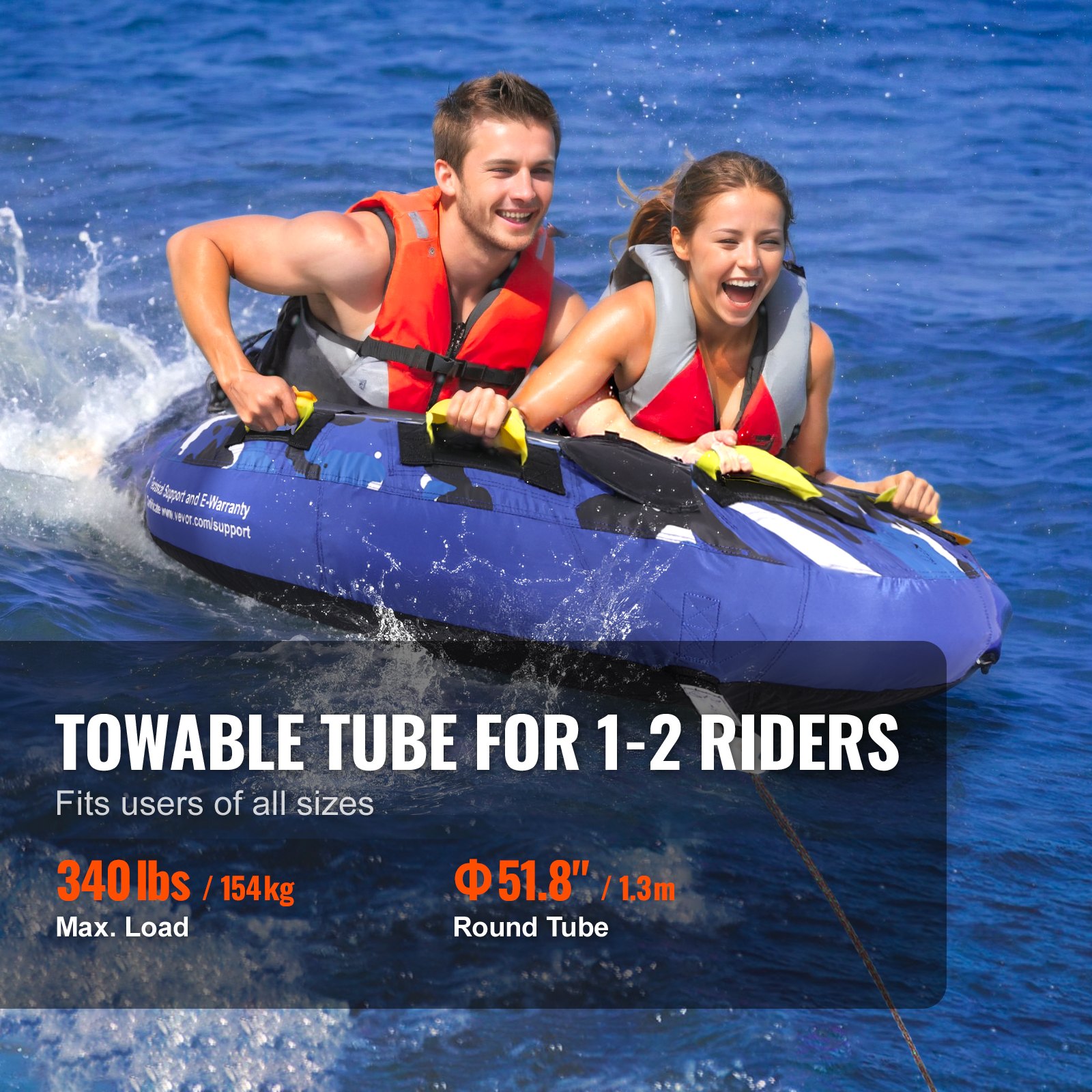 VEVOR Towable Tube for Boating, 1-2 Riders Inflatable Boat Tubes and Towables, 340 lbs, 51.8" Round Water Sport Towable Tube for Boat to Pull, Full Nylon Cover, EVA Grab Handles and Speed Safety Valve