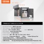 VEVOR through the wall mailbox, dark gray, dimensions, and product specifications on display.