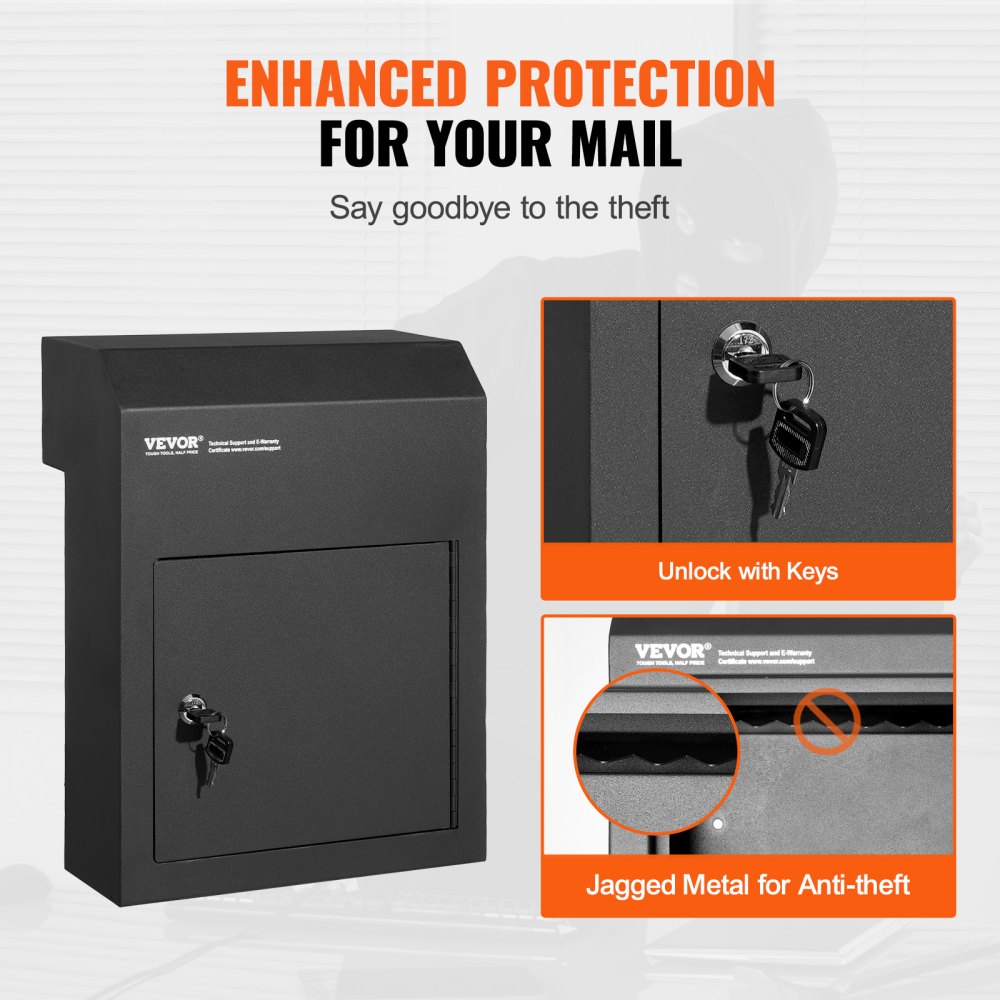VEVOR Through The Door Key Drop Box 30.5x15.2x40.6 cm Mailbox with 4.6cm 30.5cm Key Lock Black