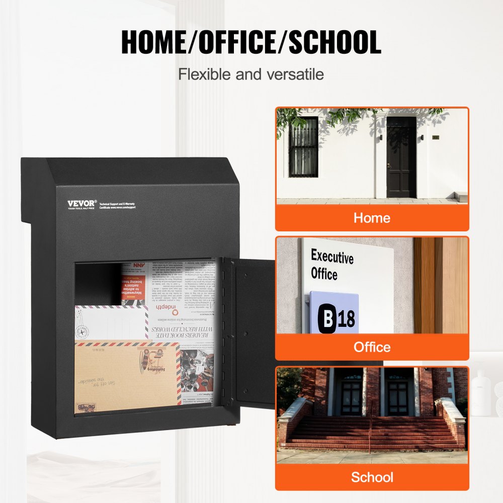 VEVOR Through The Door Key Drop Box 30.5x15.2x40.6 cm Mailbox with 4.6cm 30.5cm Key Lock Black