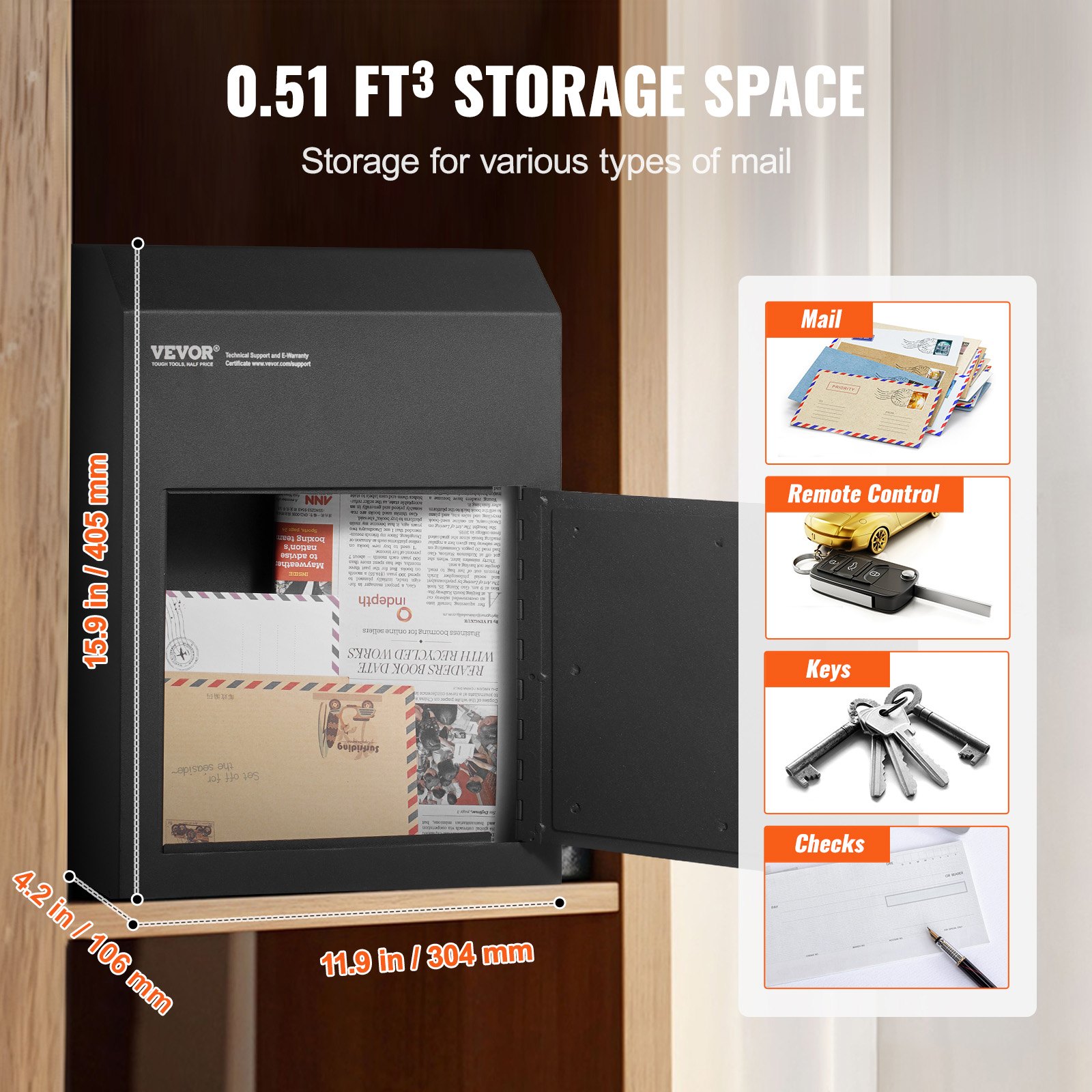 VEVOR Through The Door Key Drop Box 30.5x15.2x40.6 cm Mailbox with 4.6cm 30.5cm Key Lock Black