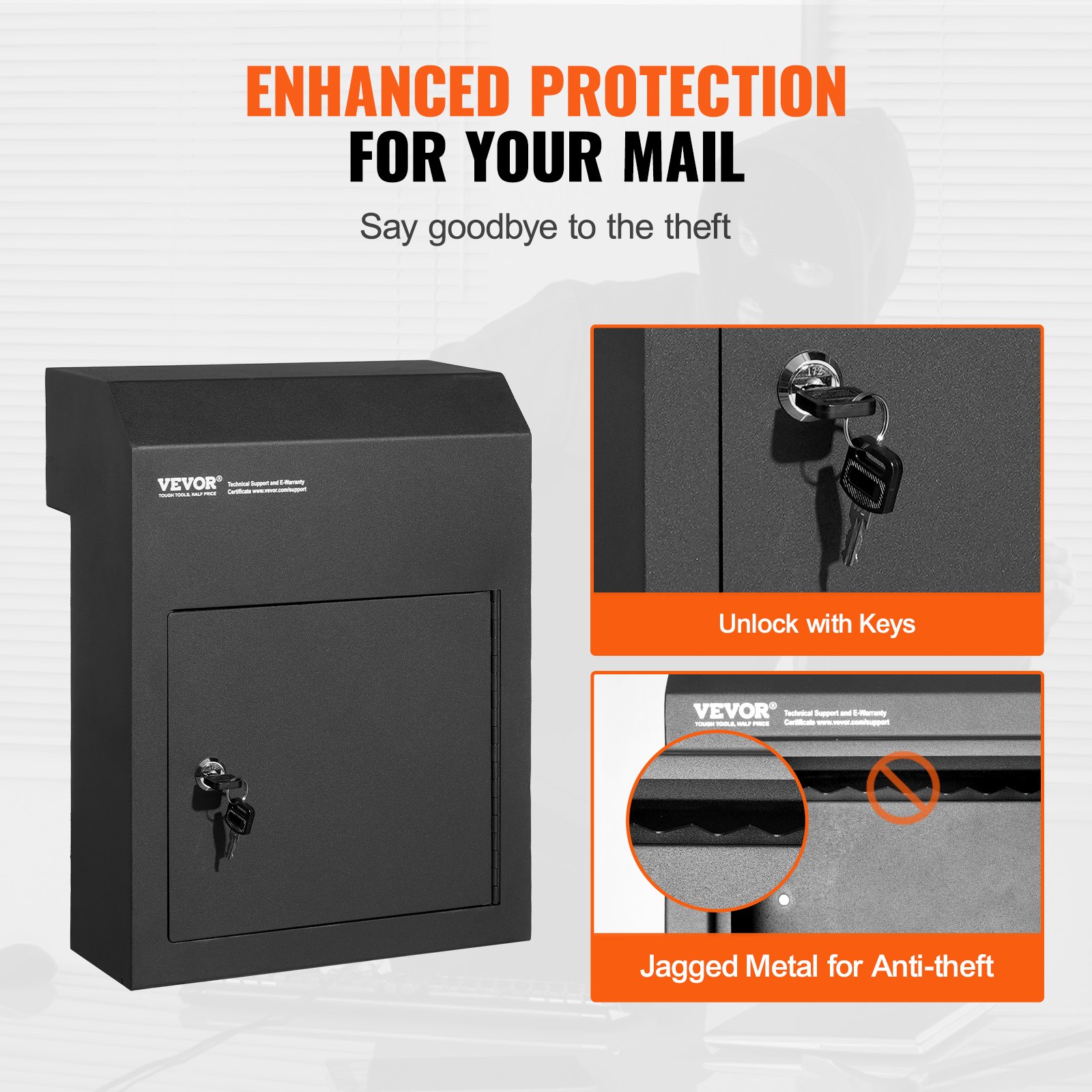 VEVOR Through The Door Key Drop Box 30.5x15.2x40.6 cm Mailbox with 4.6cm 30.5cm Key Lock Black