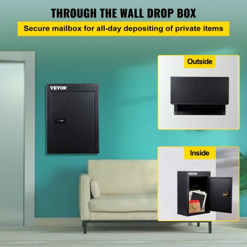 VEVOR Through The Wall Drop Box, 12.5''x6.3''x16.9'' Mail Drop Box w/Adjustable Chute, Deposit Drop Box w/Code Lock, Rainproof Wall Mount Mailbox for Letters, Rents,Checks & Keys, Home & Office, Black