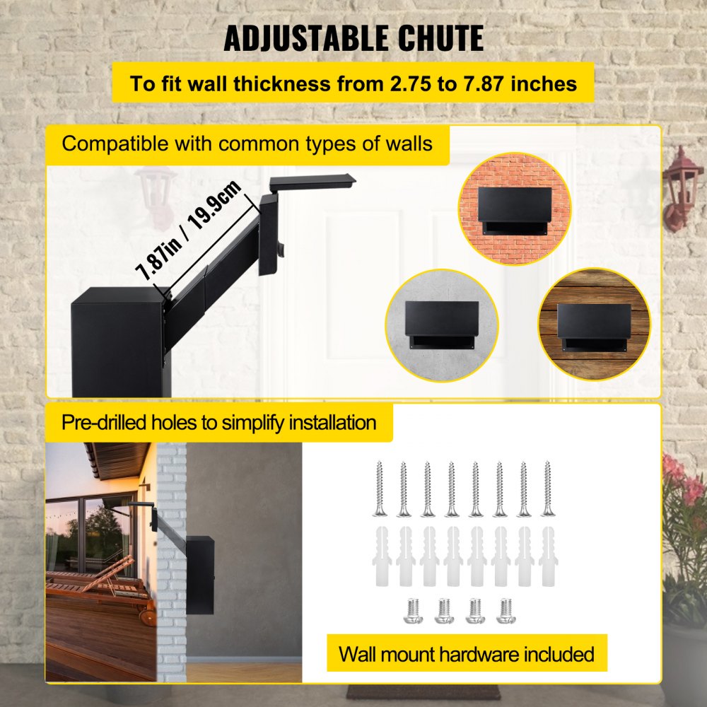 VEVOR drop box with adjustable chute, pre-drilled holes, and wall mount hardware.