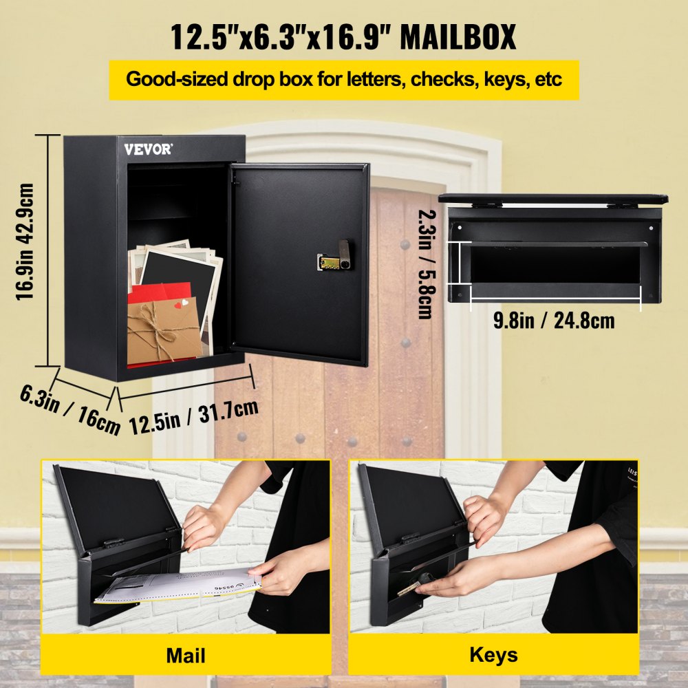 VEVOR drop box for mail, checks, and keys. dimensions: 12.5&quot;x6.3&quot;x16.9&quot;.
