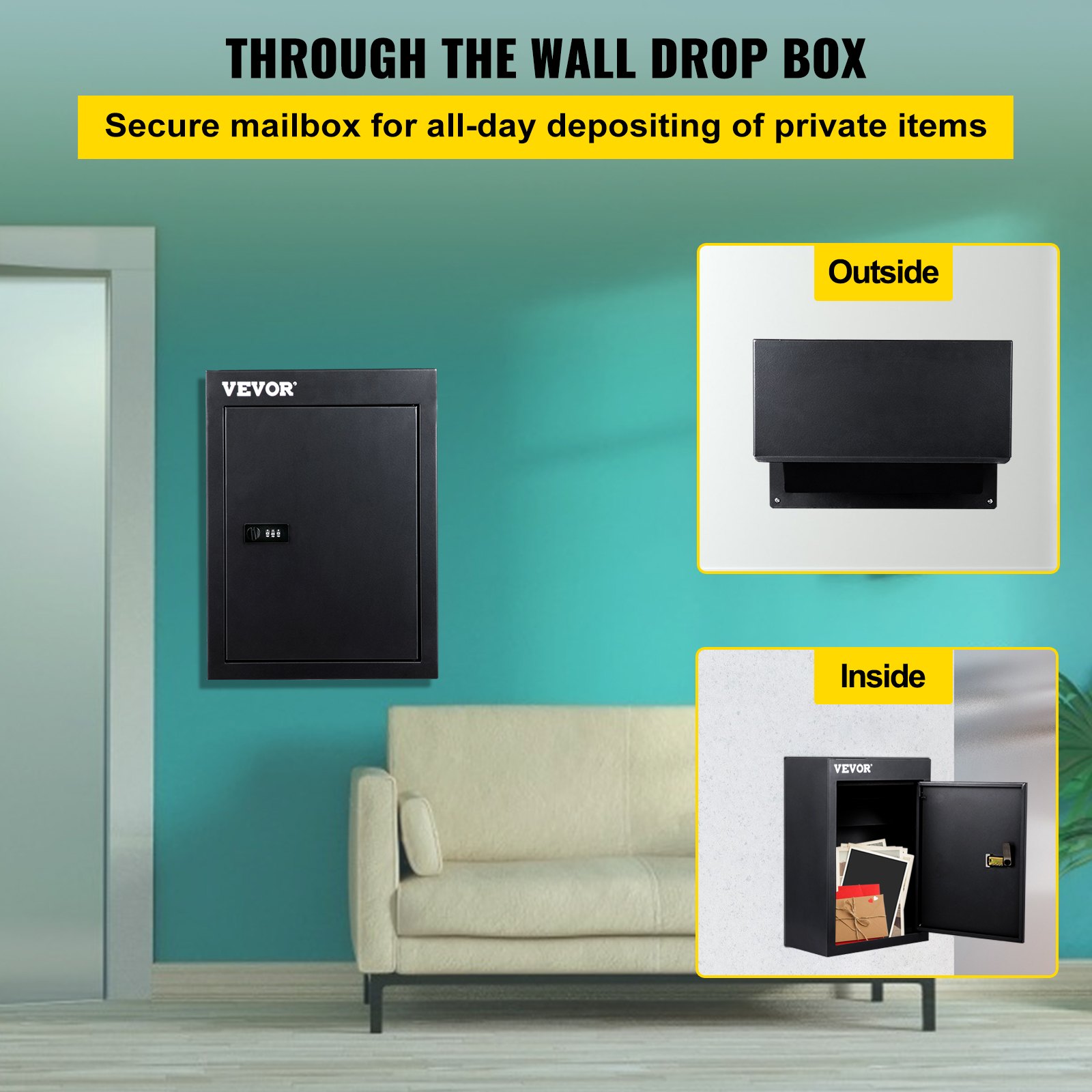 VEVOR Through The Wall Drop Box, 12.5''x6.3''x16.9'' Mail Drop Box w/Adjustable Chute, Deposit Drop Box w/Code Lock, Rainproof Wall Mount Mailbox for Letters, Rents, Check & Keys, Home & Office, Black