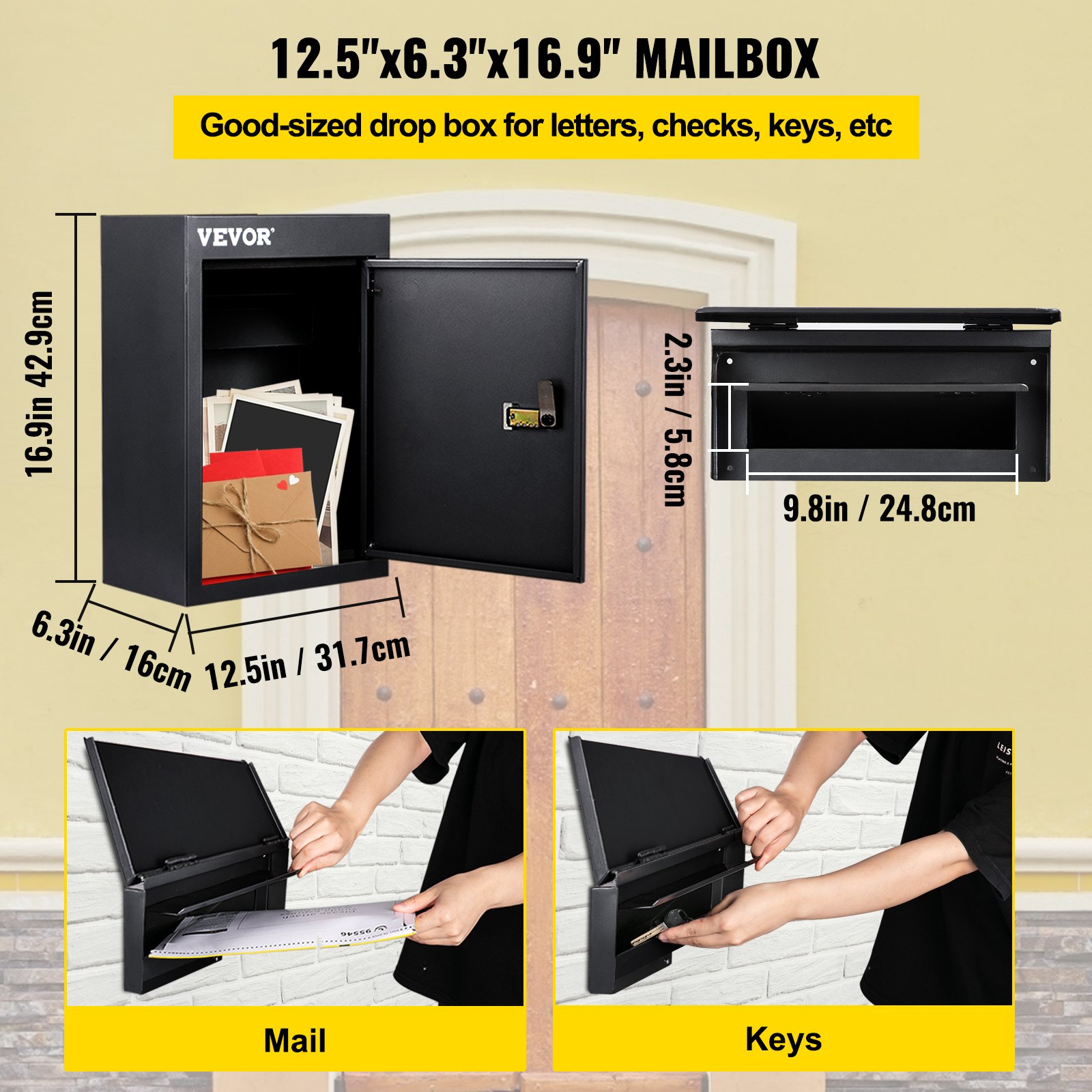 VEVOR drop box for mail, checks, and keys. dimensions: 12.5&quot;x6.3&quot;x16.9&quot;.