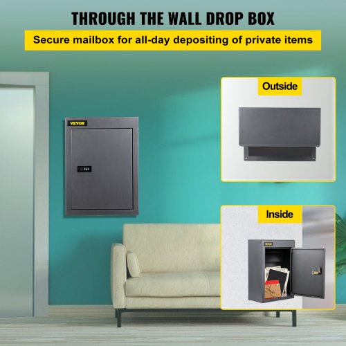VEVOR Through The Wall Drop Box, 12.5''x6.3''x16.9'' Mail Drop Box w/Adjustable Chute, Deposit Drop Box w/Code Lock, Rainproof Wall Mount Mailbox for Letters, Rents, Checks & Keys, Home & Office, Grey
