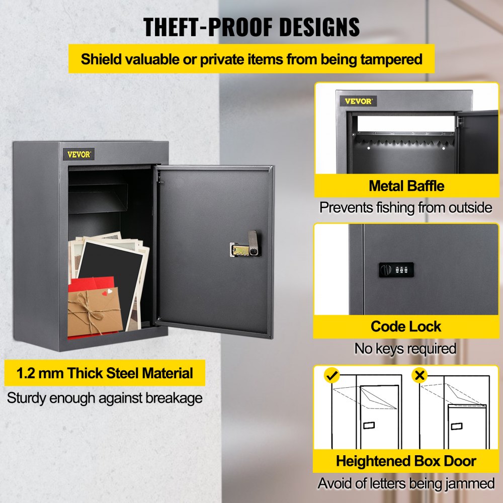 VEVOR drop box with code lock, metal baffle, and 1.2mm thick steel material.