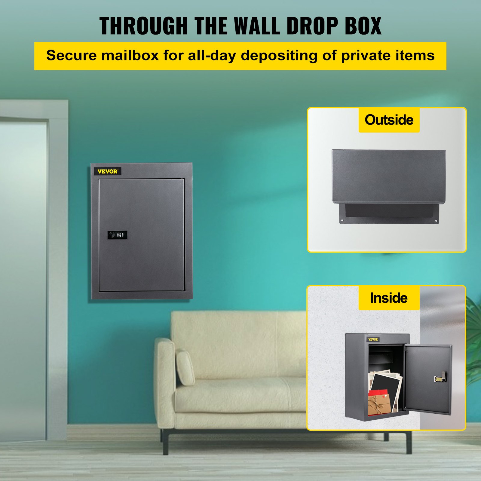 VEVOR drop box installed on green wall, showcasing outside and inside views.