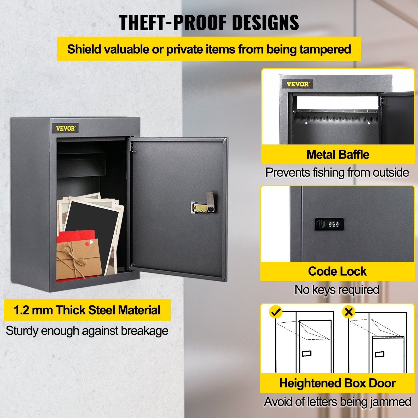 VEVOR drop box with code lock, metal baffle, and 1.2mm thick steel material.