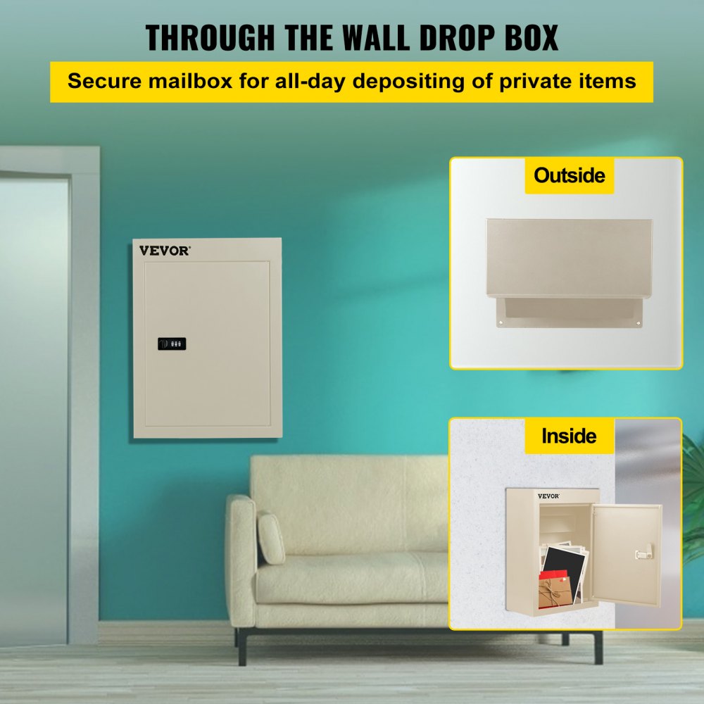 VEVOR drop box mounted on a teal wall, with secure mailbox inside view.