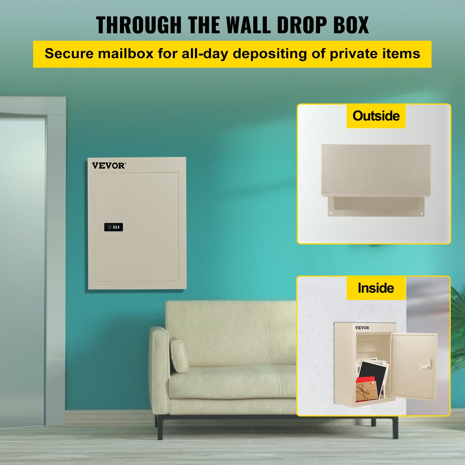 VEVOR drop box mounted on a teal wall, with secure mailbox inside view.