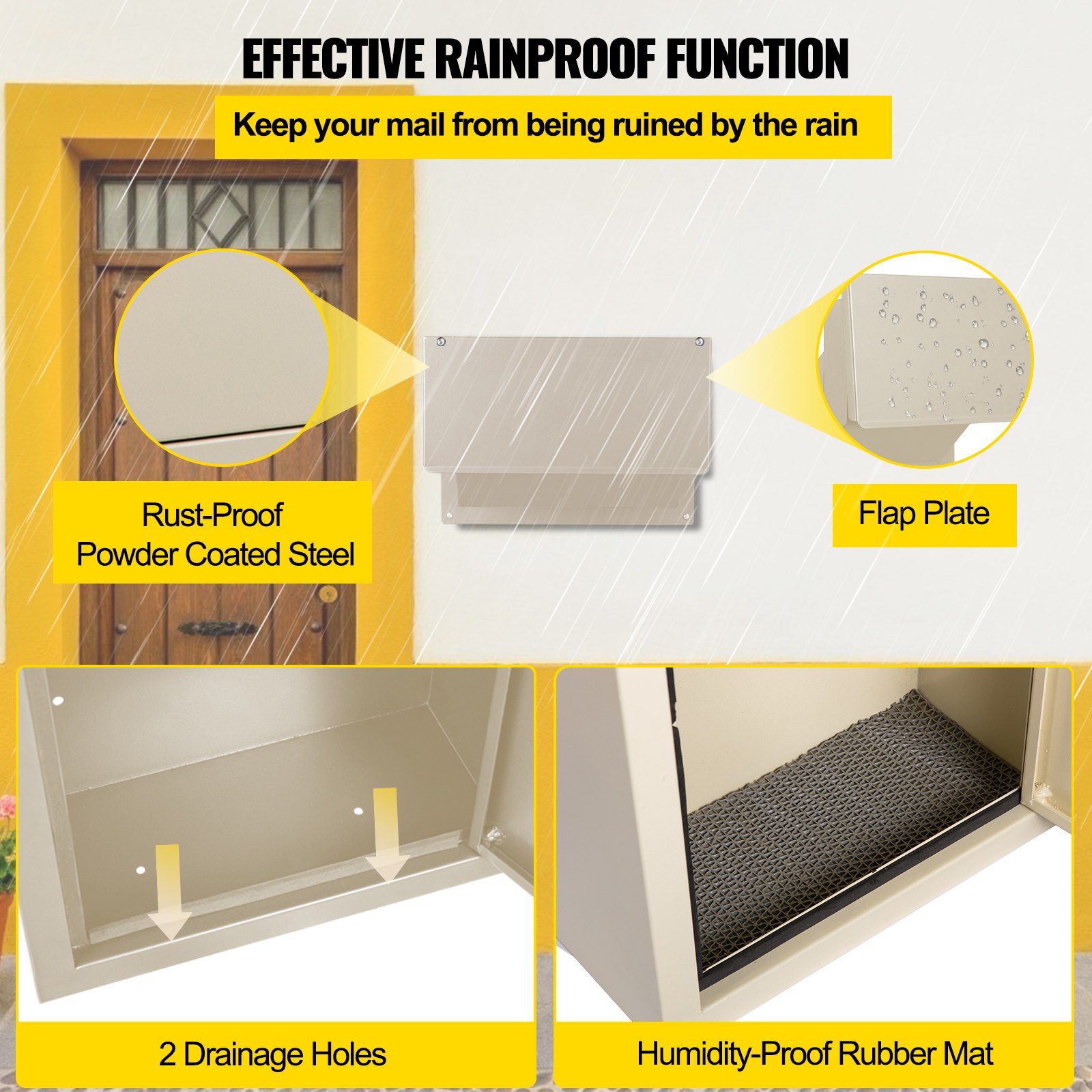 VEVOR drop box with rust-proof steel, rainproof flap plate, drainage holes, and rubber mat.